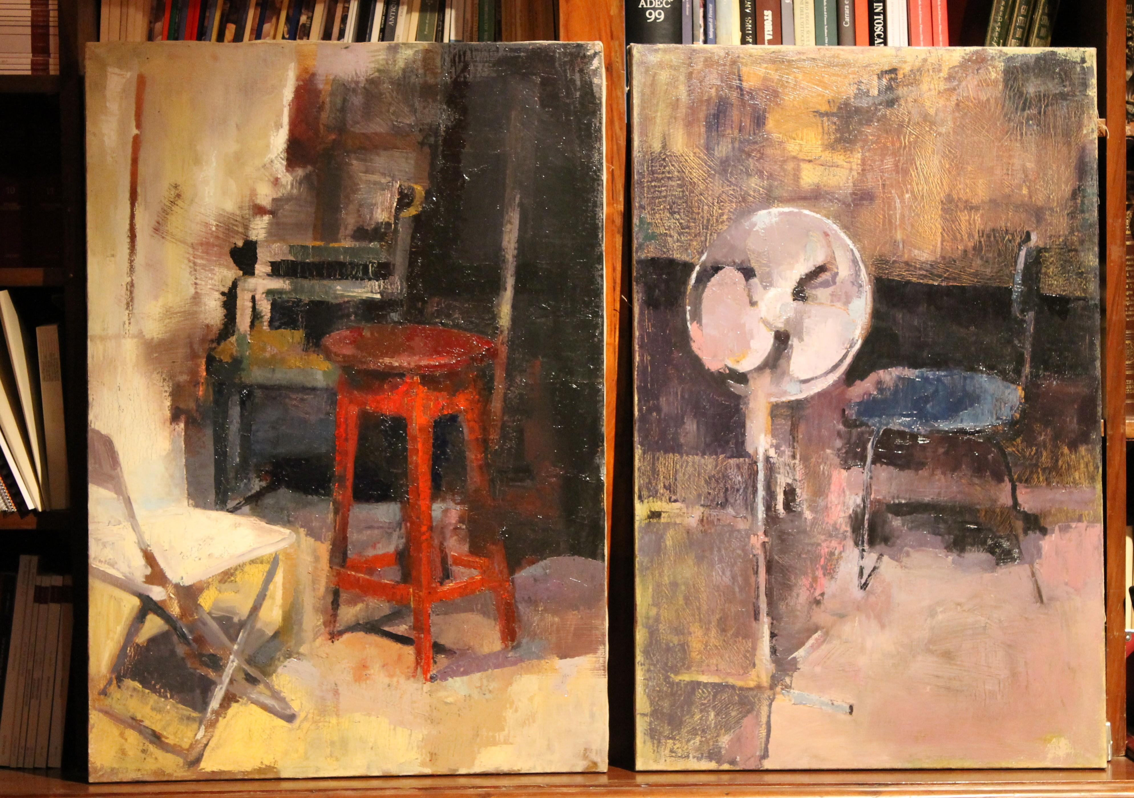 Zeitgenössisches Gemälde, Öl auf Leinwand, Innenszene mit rotem Hocker und Stühlen im Angebot 2