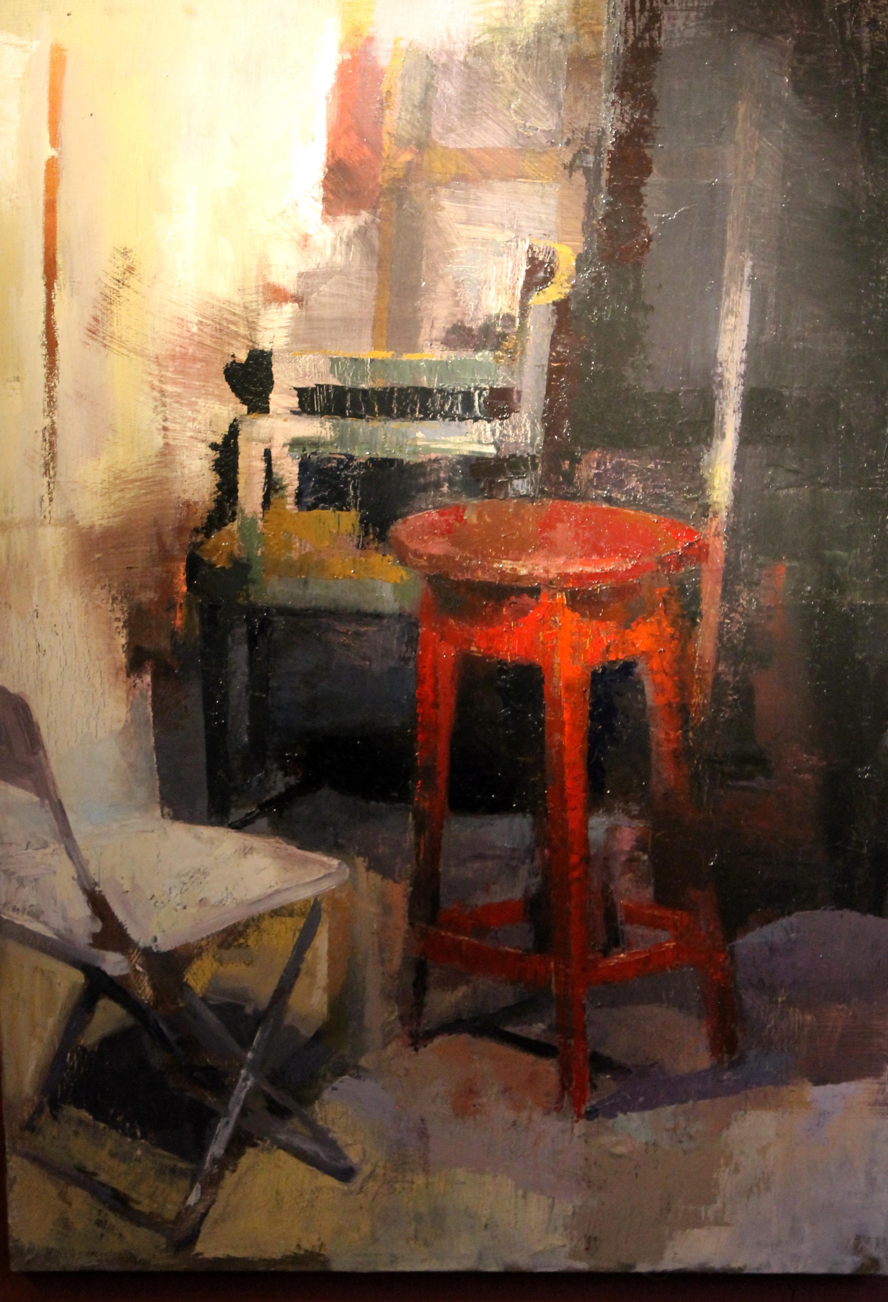 Contemporary Oil on Canvas Interior Scene with Red Stool and Chairs Painting For Sale 7