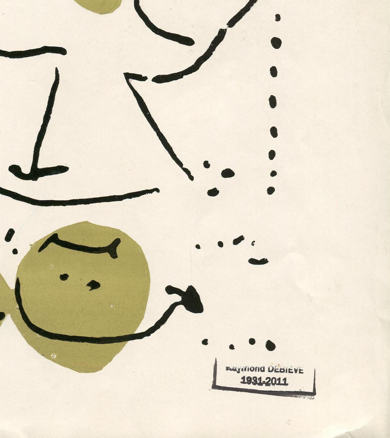 Several steps were necessary for the realization of this monotype by Raymond Debiève: first the color forms in printing ink were printed on the sheet using a stencil, then the ink drawing was done on the glass plate, and the sheet printed again.