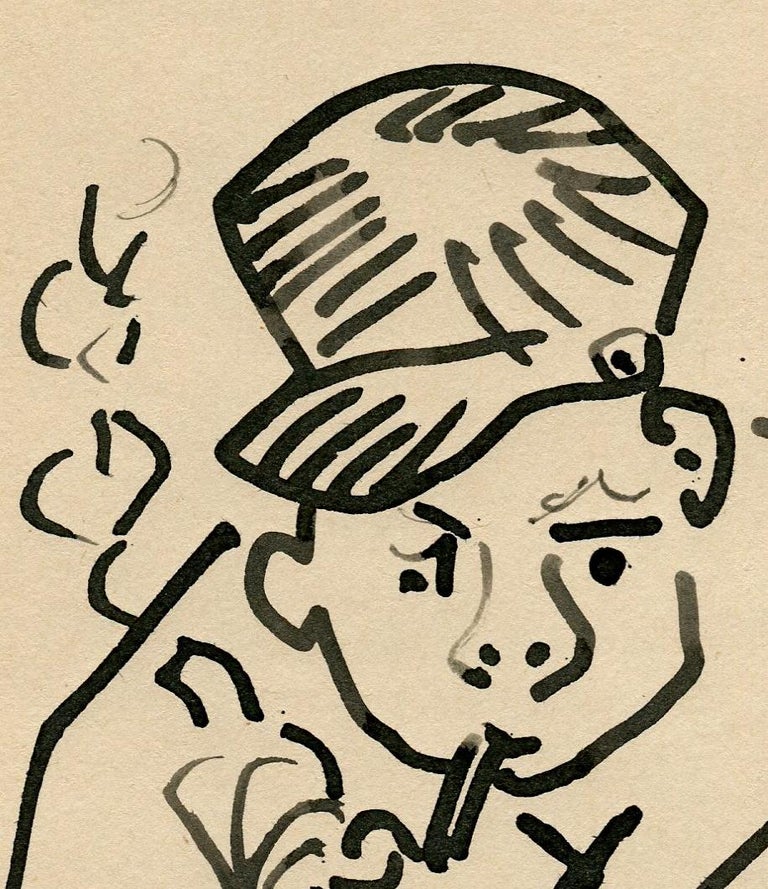 This portrait drawn with a felt pen represents a worker, probably a miner, at the break. In a few strokes, the artist grabbed this worker at rest, but not motionless: this is shown by the circle that starts with the left hand, follows the arm,