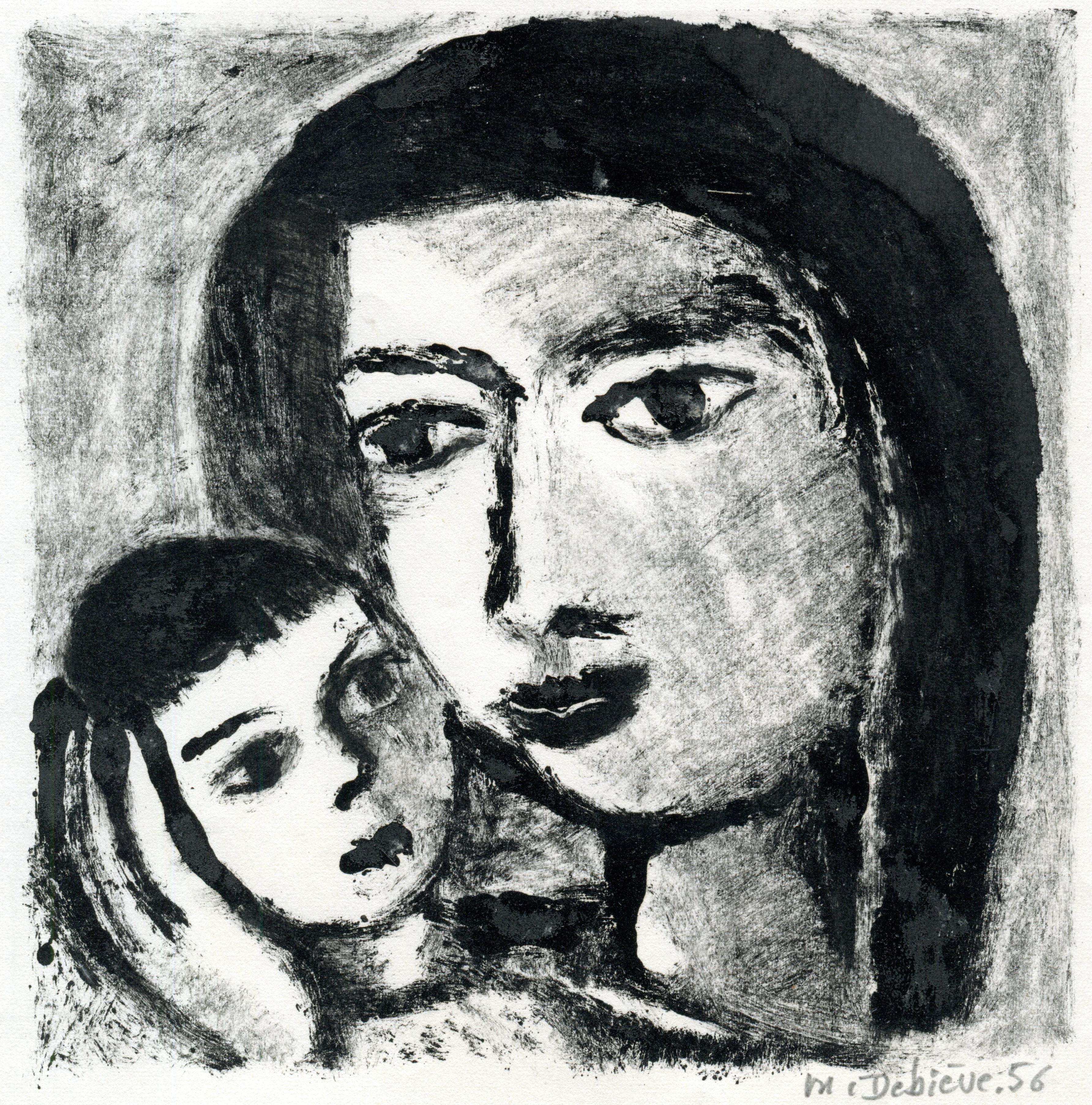 Michel Debiève Portrait - Mère et enfant -  Monotype - Contemporary, French Artist Late 20th Century