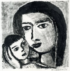 Vintage Mère et enfant -  Monotype - Contemporary, French Artist Late 20th Century