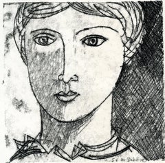 Retro Portrait de femme -  Monotype - Contemporary, French Artist Late 20th Century