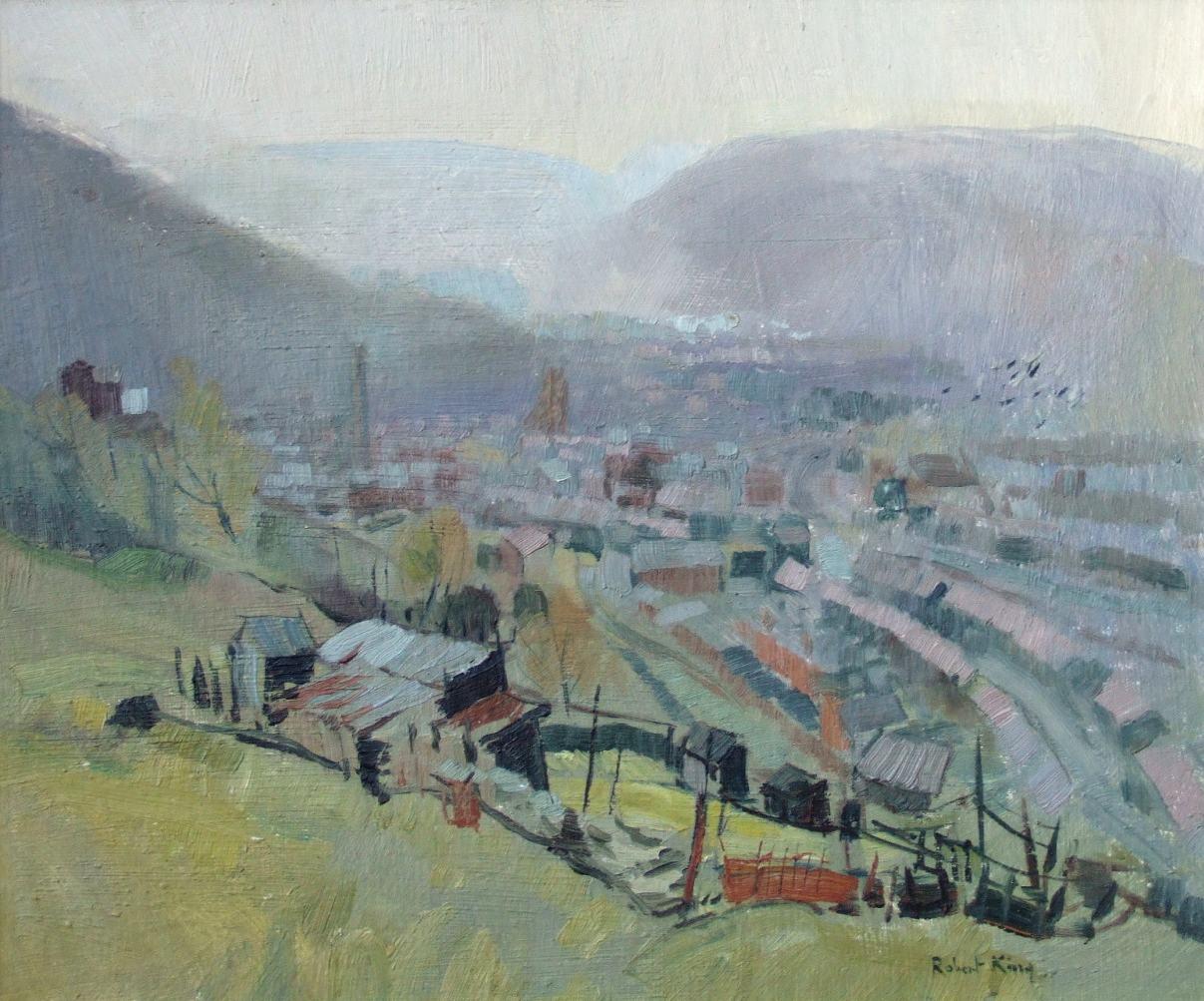 Robert King RI RSMA Landscape Painting - Rhondda valley, Wales, oil board, exhibit Royal Academy 1969 No.385, Robert King