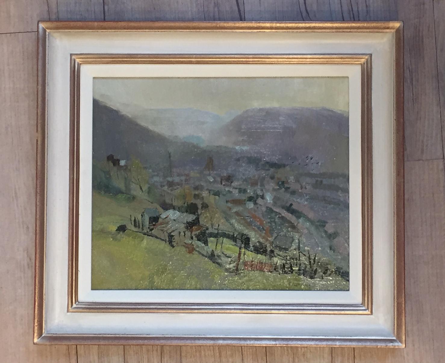 Rhondda valley, Wales, oil board, exhibit Royal Academy 1969 No.385, Robert King - Painting by Robert King RI RSMA
