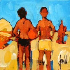 A la plage by David Jamin French artist, Boys on the beach, summer, sand, sea