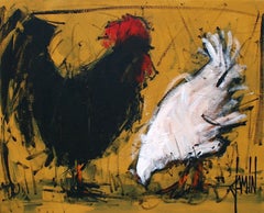 Basse cour by David Jamin, French artist, black chicken & white chicken on farm