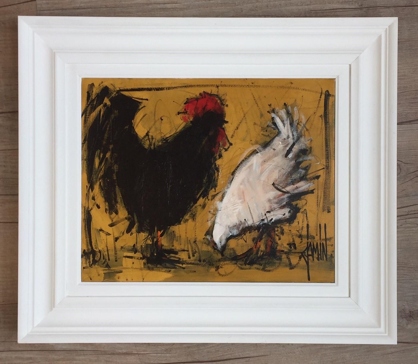 Basse cour by David Jamin, French artist, black chicken & white chicken on farm For Sale 1