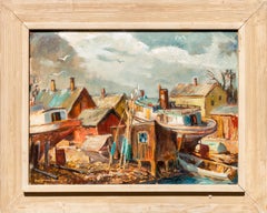 1940s Regionalist Painting, "Jones Island" Fishing Cove, Oil on Canvas,