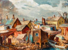 1940s Regionalist Painting, "Jones Island" Fishing Cove, Oil on Canvas, 