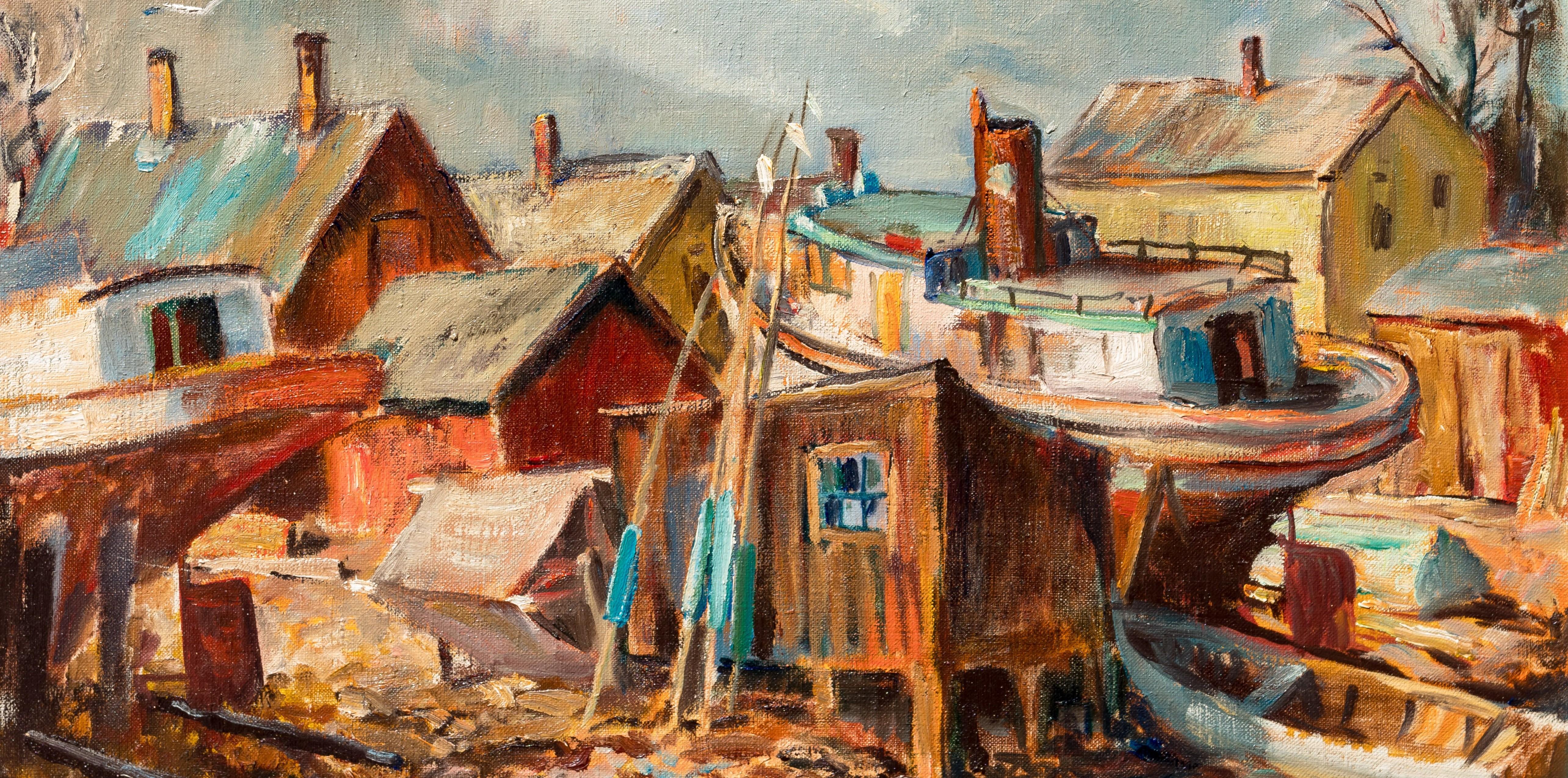 This outstanding and very rare American Regionalist painting (Circa 1940s) by the legendary early Wisconsin artist, Robert von Neumann (American, 1888-1976), depicts the historic fishing cove of Jones Island in old Milwaukee, a favorite painting