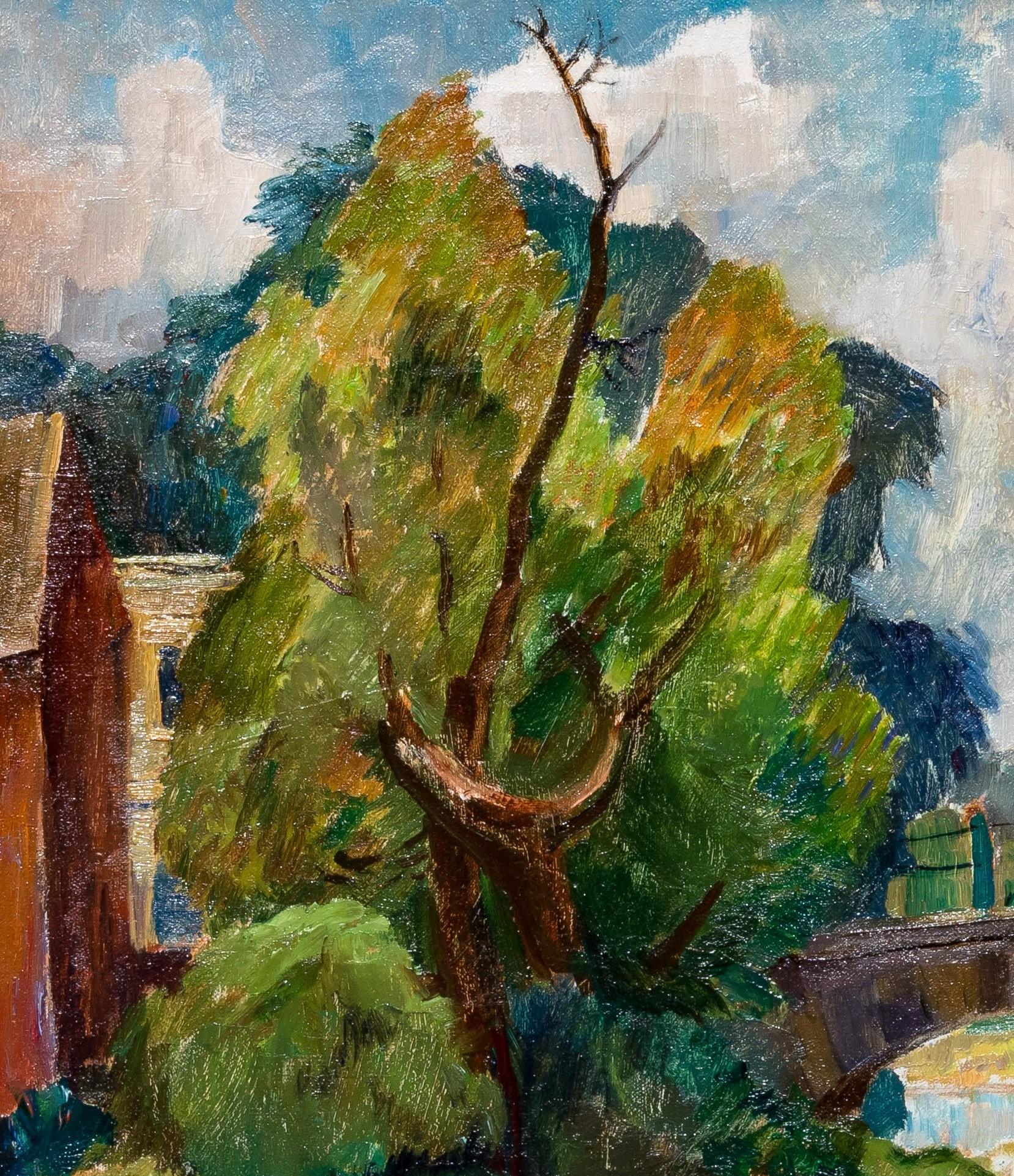 Diese schöne und seltene Vintage American Modernist Öl auf Leinwand Gemälde, (Circa 1940) mit dem Titel 