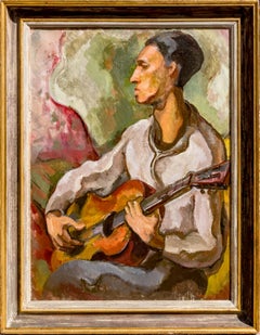 Vintage American Modernist Painting, 1949, Chicago, Otto Niebuhr, "The Guitarist"