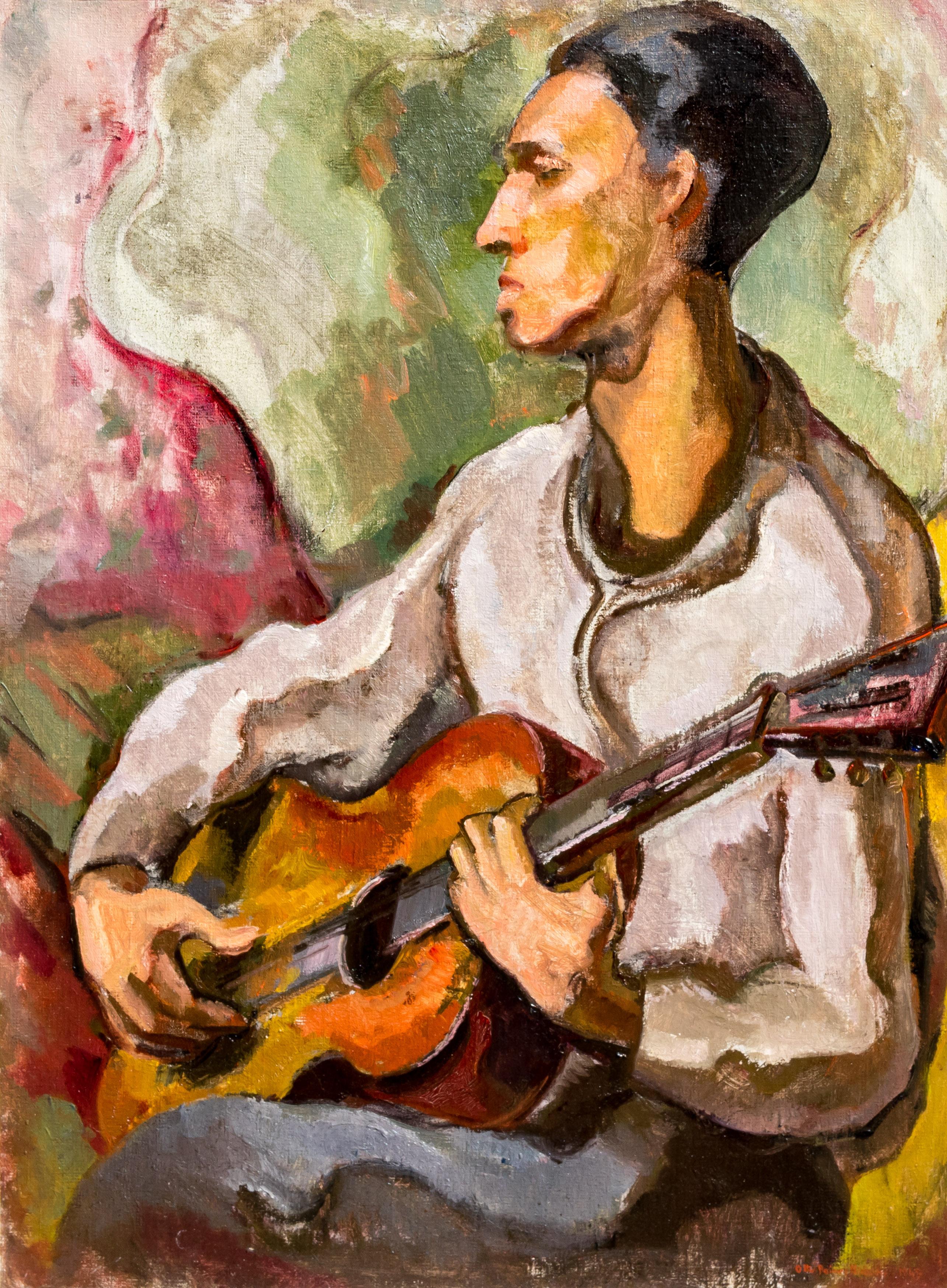Otto Rainer Niebuhr Figurative Painting – Vintage-Gemälde der amerikanischen Moderne, 1949, Chicago, Otto Niebuhr, „Der Gitarreist“