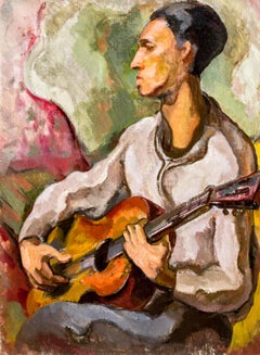 Vintage American Modernist Painting, 1949, Chicago, Otto Niebuhr, "The Guitarist"