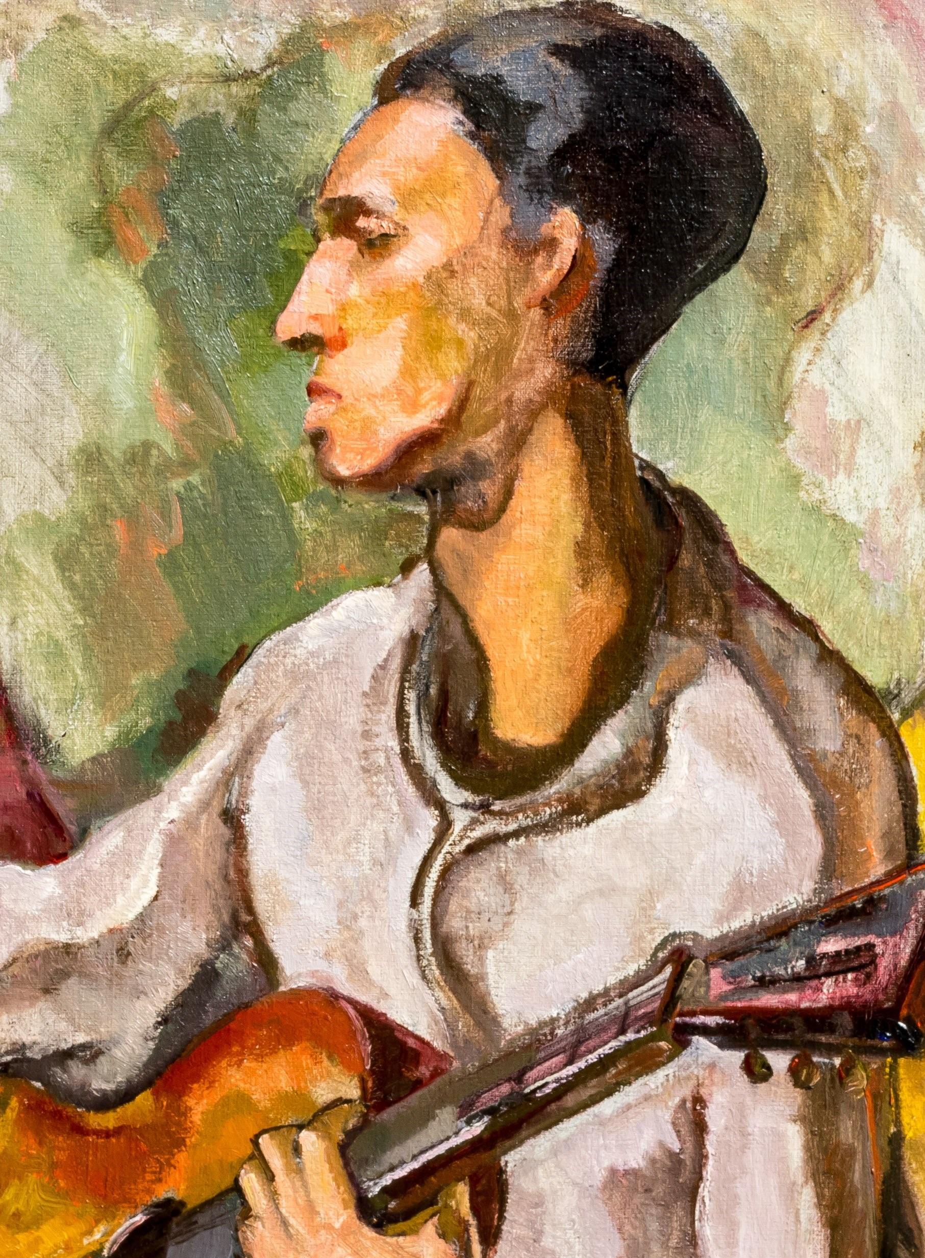 Vintage-Gemälde der amerikanischen Moderne, 1949, Chicago, Otto Niebuhr, „Der Gitarreist“ (Braun), Figurative Painting, von Otto Rainer Niebuhr