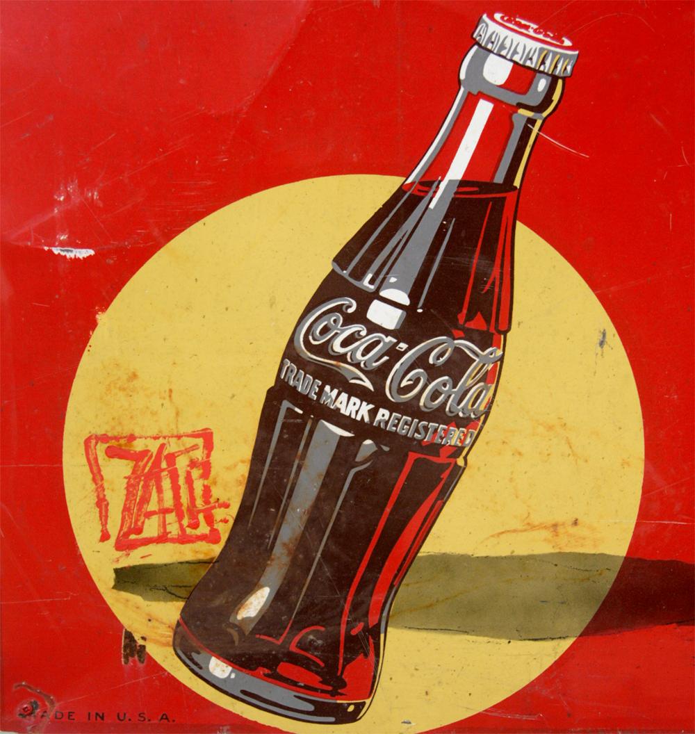 Boy on Vintage 1930's Coca-Cola Sign by Ernest Zacharevic - Street Art Painting by Ernest Zacharevic 