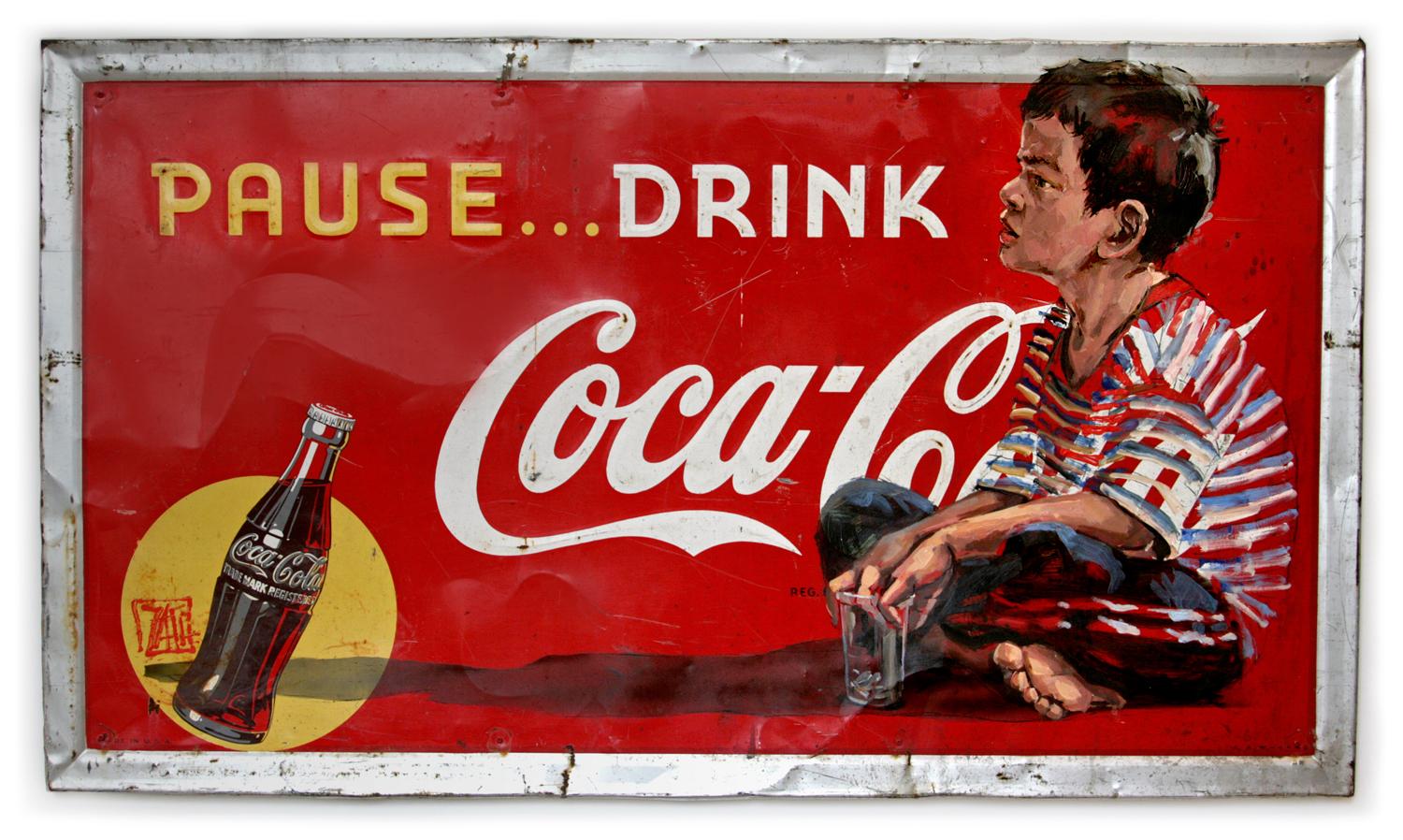 Ernest Zacharevic  Figurative Painting - Boy on Vintage 1930's Coca-Cola Sign by Ernest Zacharevic