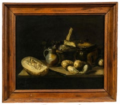 Vintage Still Life with Squash, Gourds, Stoneware, and a Basket with Fruit and Cheese