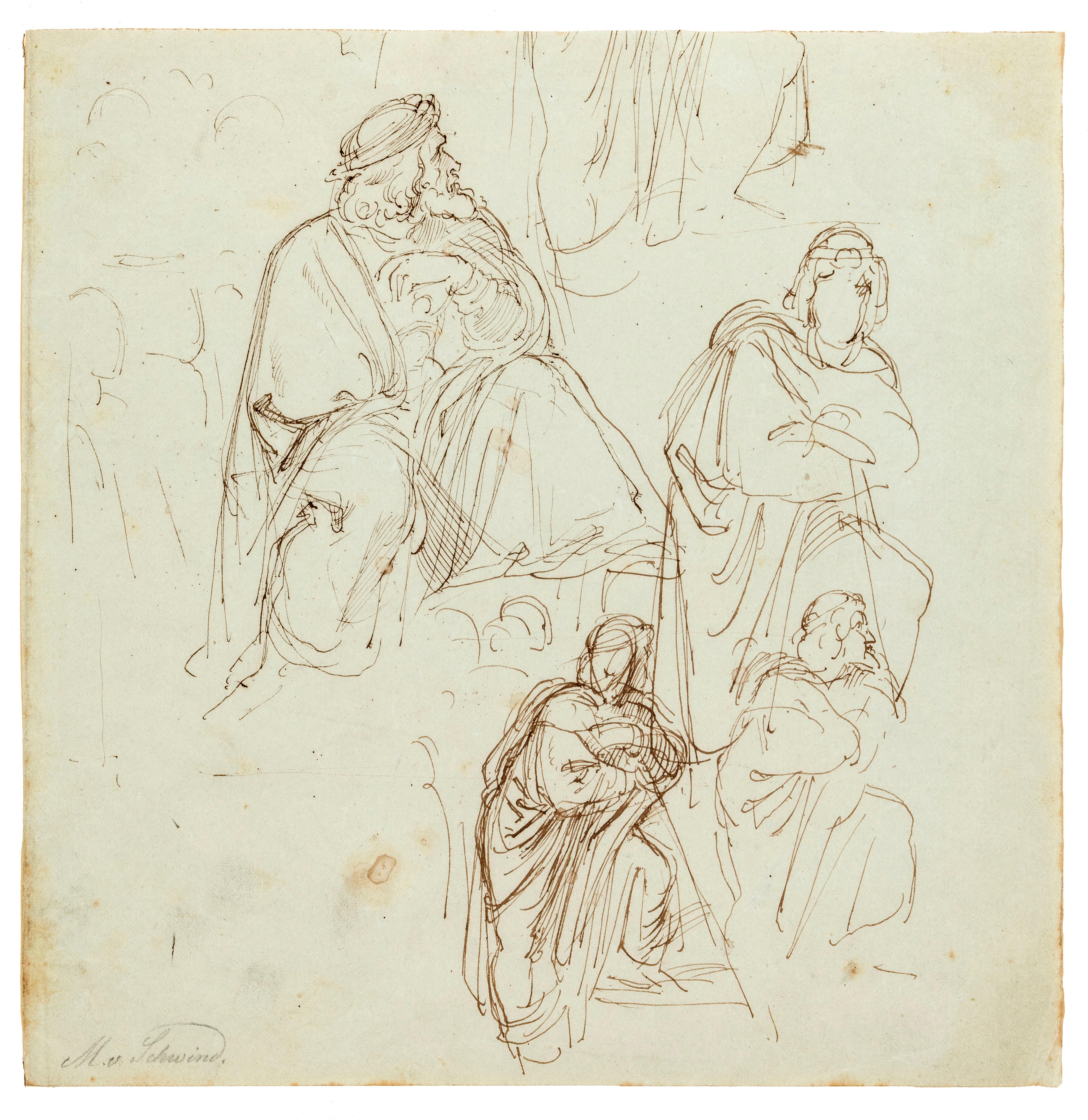 Moritz von Schwind Figurative Art - Studies of a Seated Figure for “The Contest of the Minnesingers at the Wartburg”