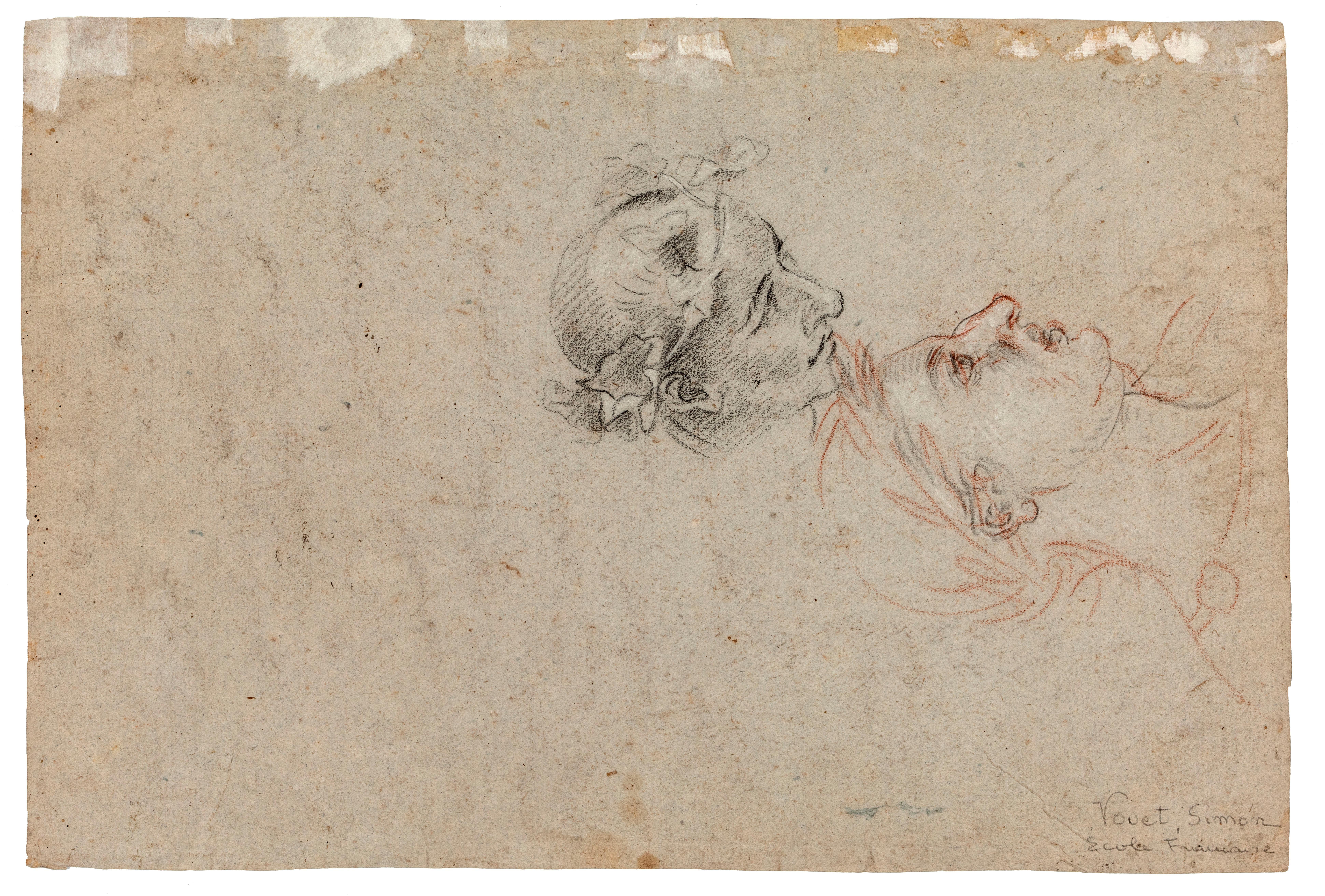 Étude d'un taureau et étude de deux têtes avec des couronnes de laurier (recto et verso) - Art de 17th Century French School