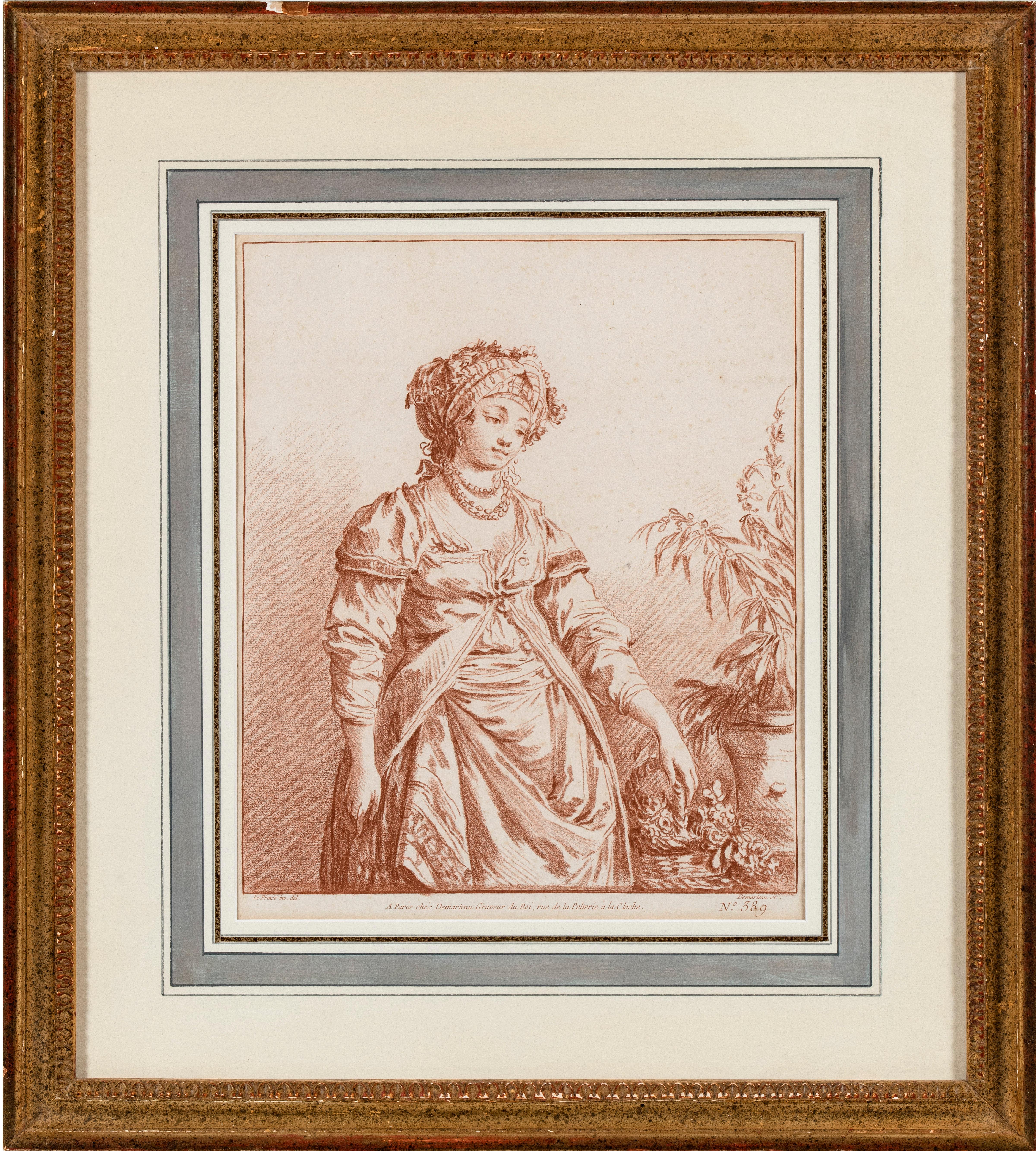 The pair consists of the present work and an engraving after it by the hand of Giles DeMarteau (Liège 1722 – 1776 Paris) titled Woman in Fantasy Costume, after Jean Baptiste Le Prince, and measuring, 10 ⅜ x 8 ⅝ inches (26.5 x 22 cm).

DeMarteau's