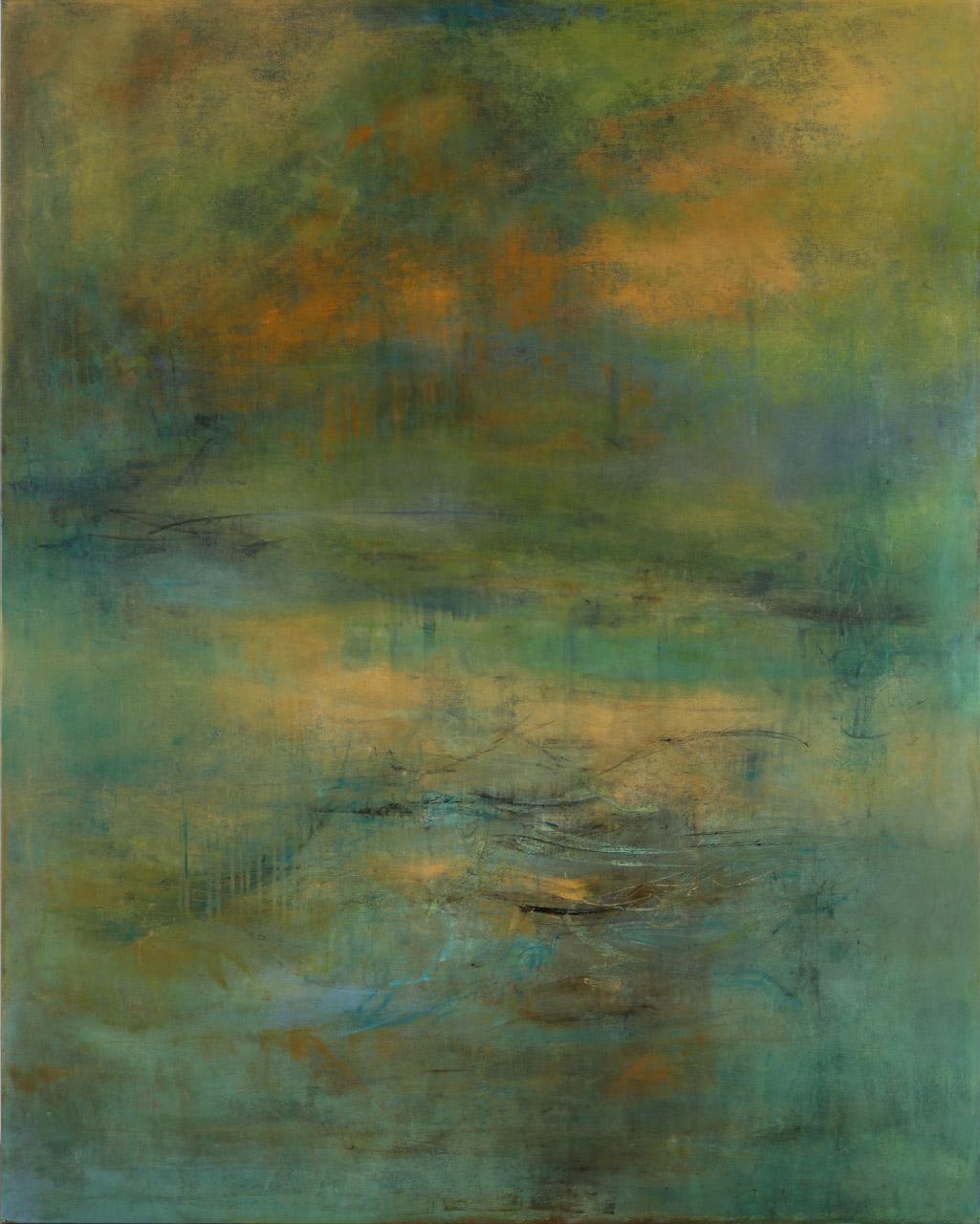 Martine Jardel Landscape Painting - Highlands #39, atmospheric encaustic painting in deep jewel tones