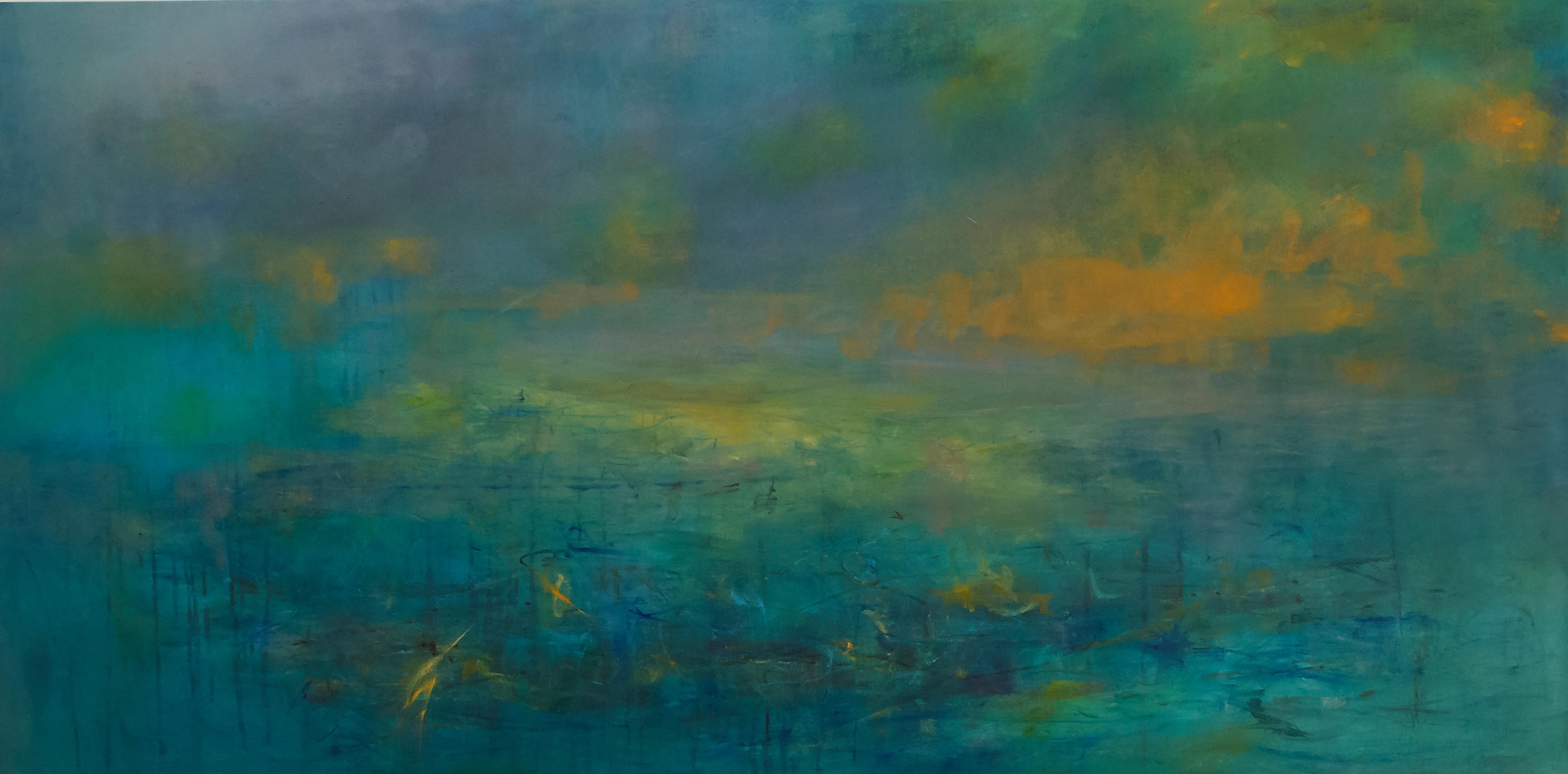 Martine Jardel Abstract Painting - Highlands #46, atmospheric encaustic painting in deep jewel tones