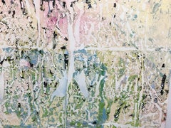 Mayflower, Mid Century abstract in spring colors, mixed media on paper