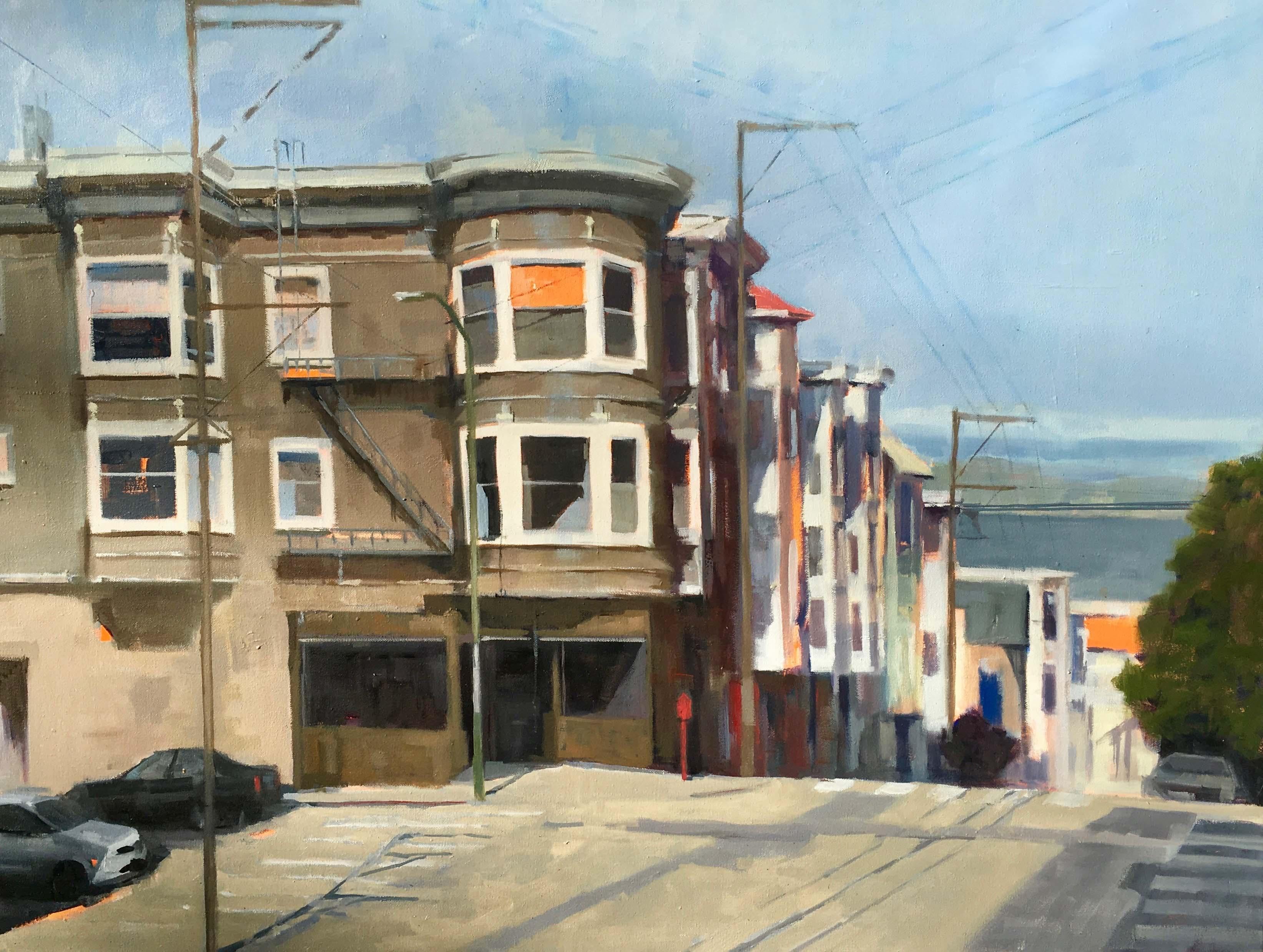 Carole Rafferty Landscape Painting - Bay Bridge 19, Mid Century cityscape of San Francisco, oil on canvas, framed