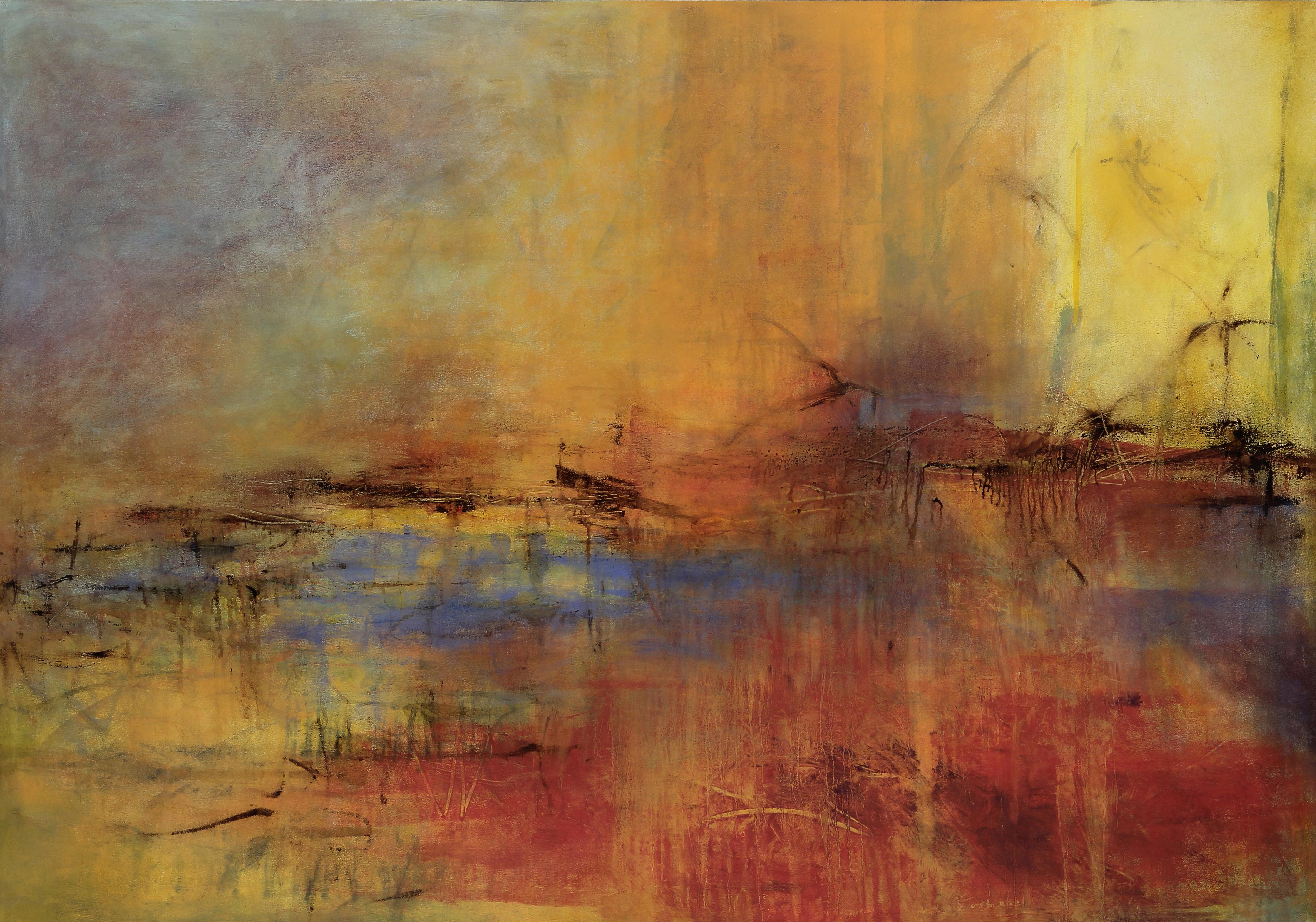 Martine Jardel Abstract Painting - Tears of Color 3, atmospheric encaustic painting in deep rich jewel tones