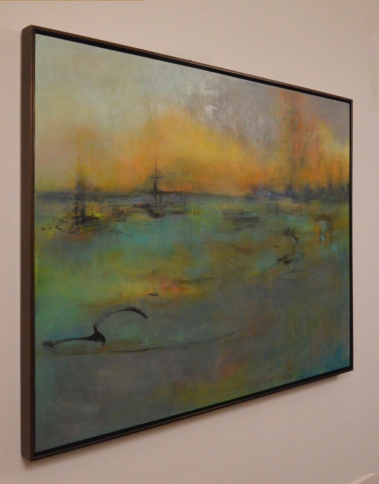  Martine Jardel’s paintings show a process of sedimentation. Thin layers of paint combined with a cold wax process let the light seep out from within the painting. The effect of color transparencies, light and dark, help create a mood or an