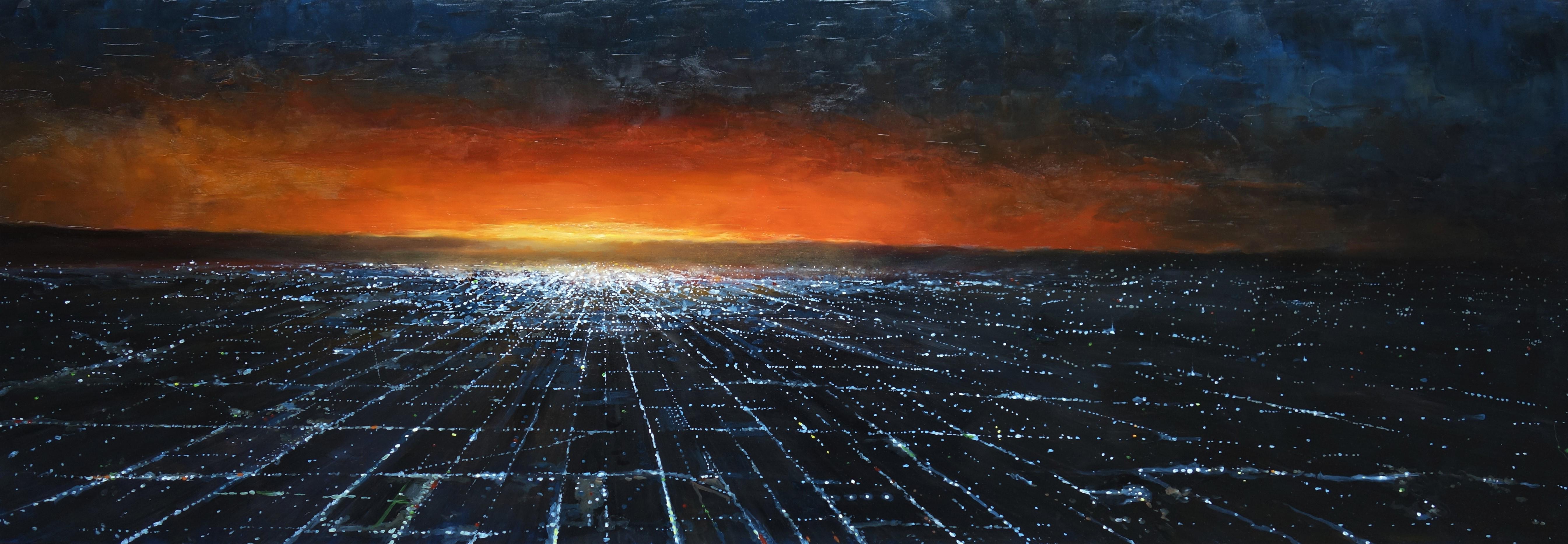 Denny Holland Landscape Painting - Near Light, Mid Century Realism Los Angeles night scene, oil on panel, framed