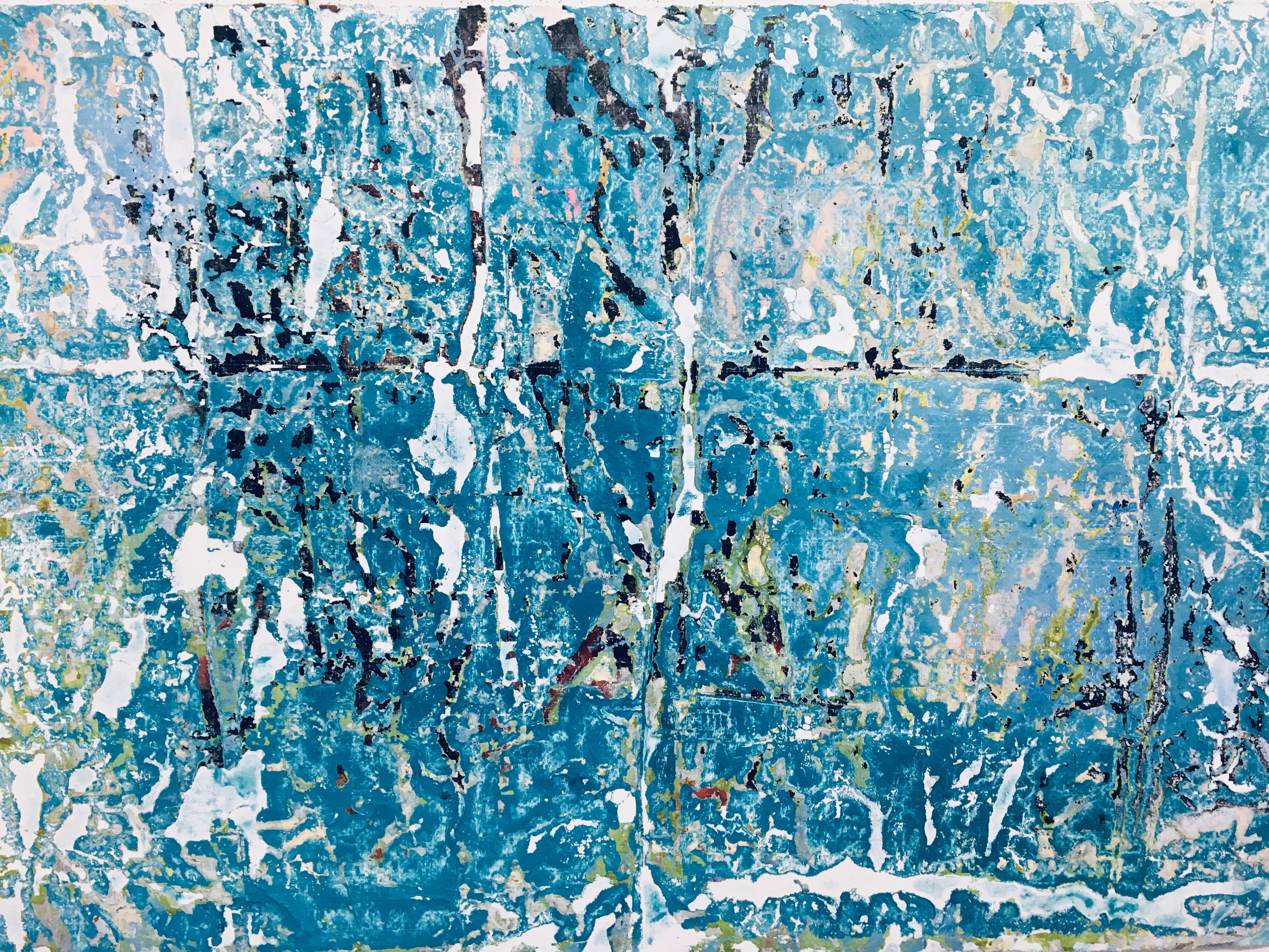 Blue Ice, Mid Century, vivid blue tones, abstract, textured acrylic on paper - Mixed Media Art by Bonny Novesky