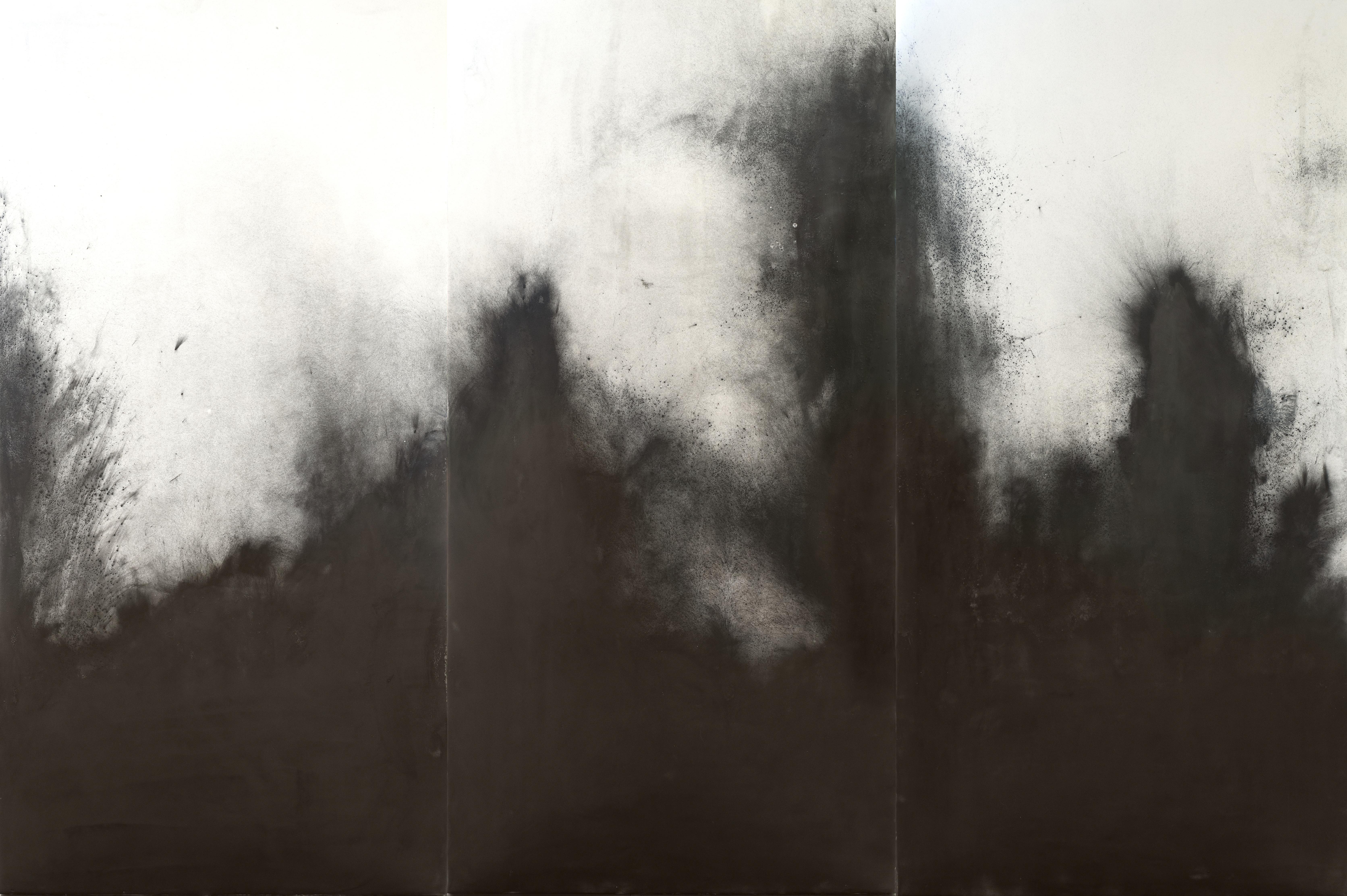 Julie Brookman Abstract Painting - Evanescence, Industrial atmospheric black, white, encaustic on panel