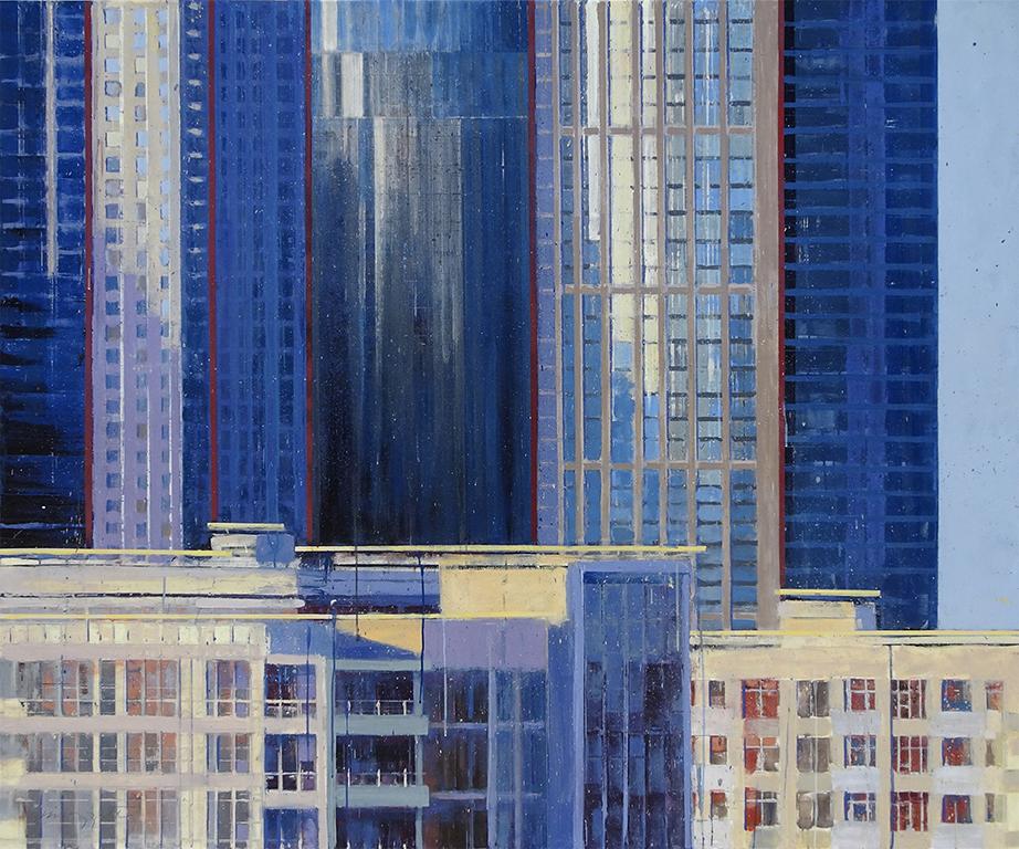 Allen Mazzetti Landscape Painting - Triplicity, Mid Century cityscape in vibrant blues, acrylic on panel