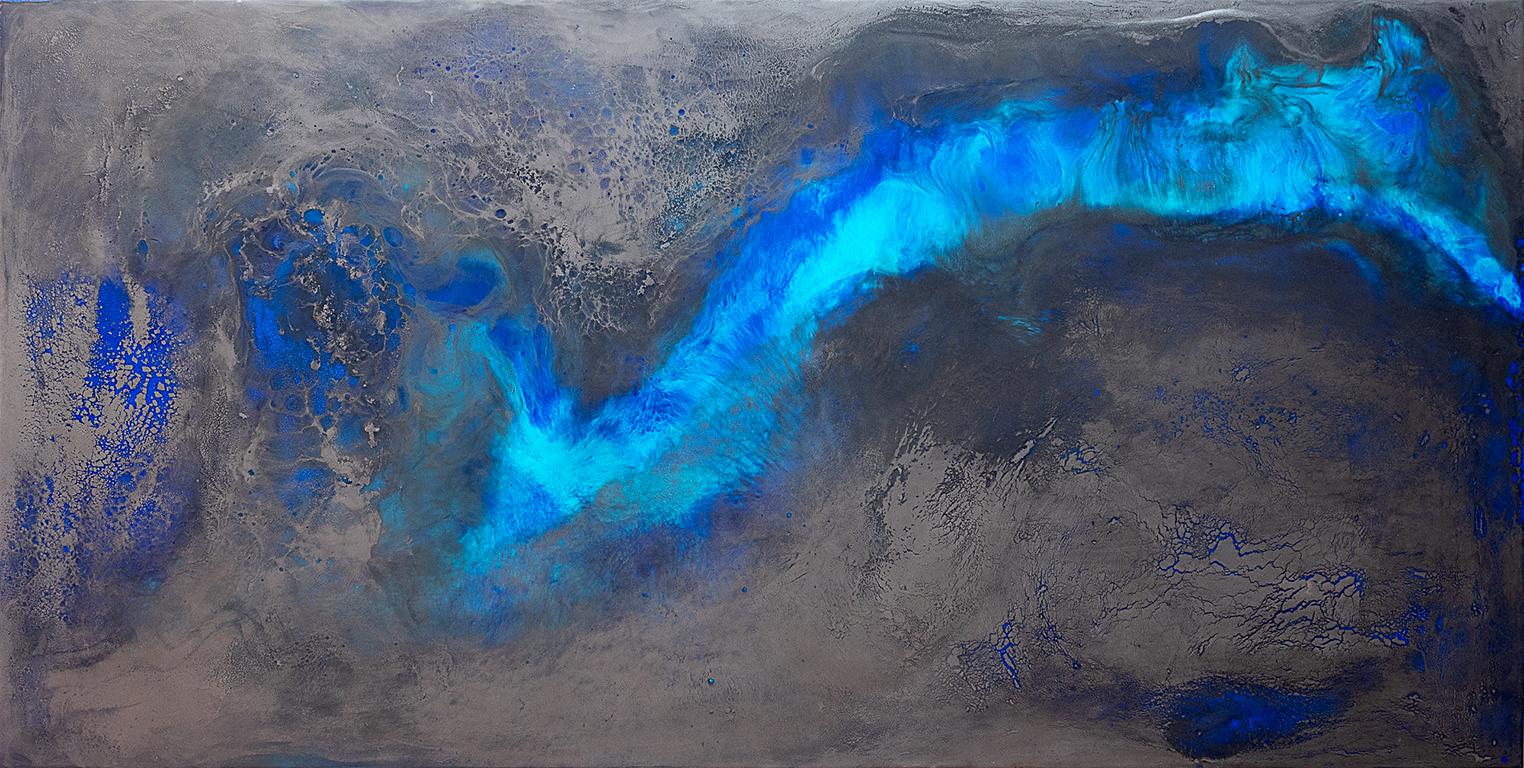 Julie Brookman Landscape Painting - Aphotic Break, Mid Century abstract seascape, encaustic on panel