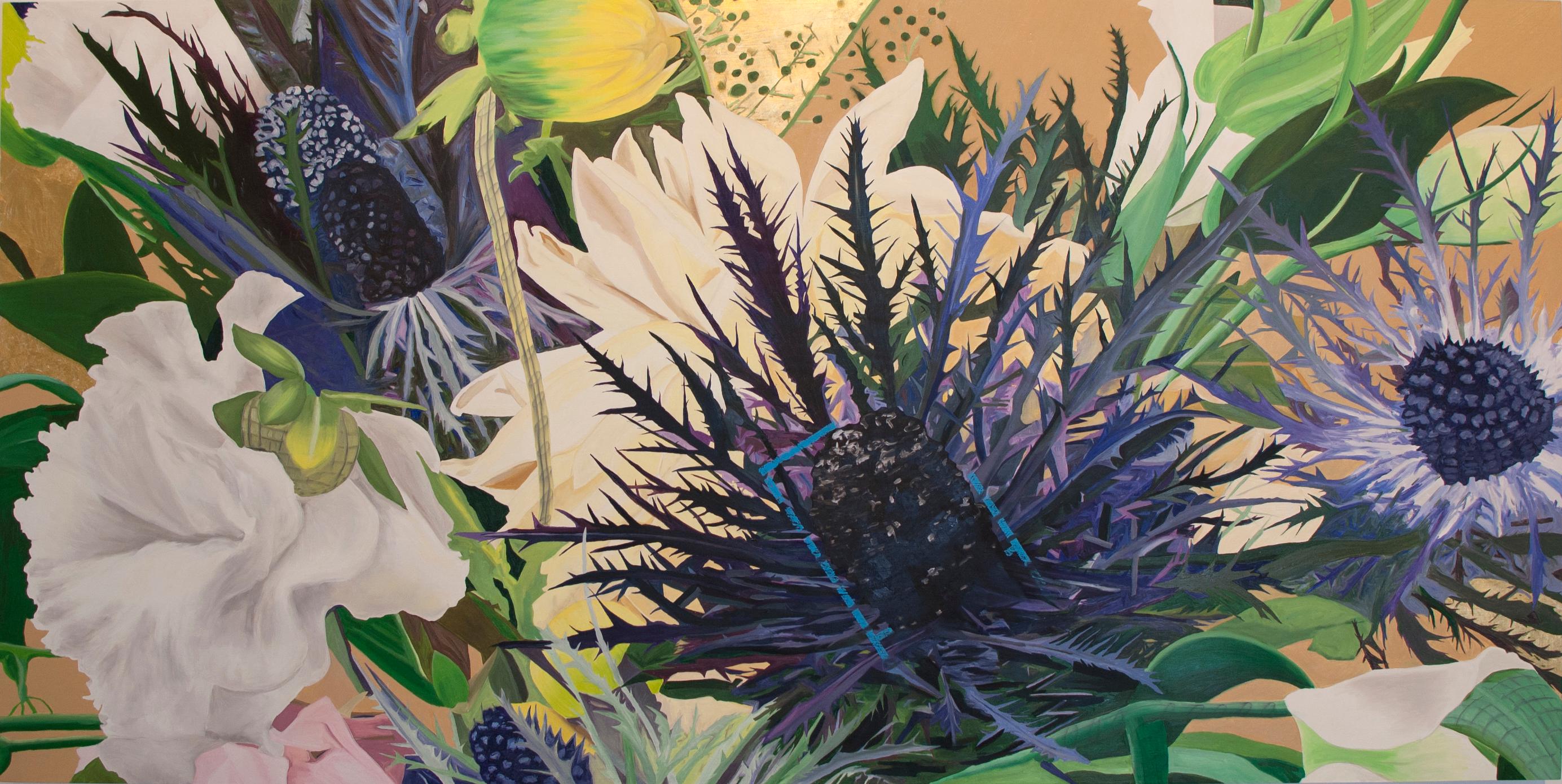 Deborah Lawrence Schafer Landscape Painting - Botanical III, Hollywood Regency realistic botanical with gold leaf