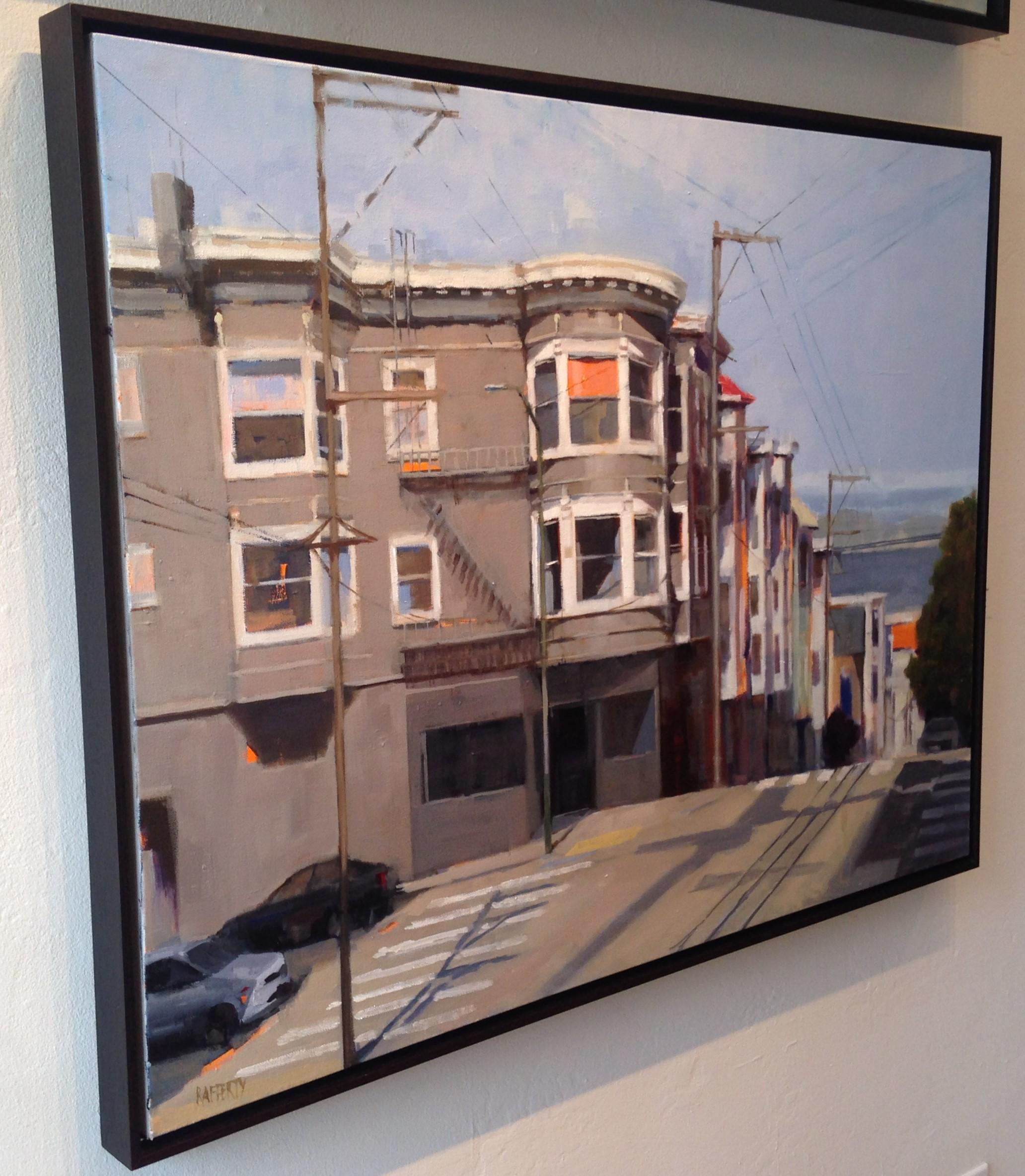 Bay Bridge 19, Mid Century cityscape of San Francisco, oil on canvas, framed - Painting by Carole Rafferty
