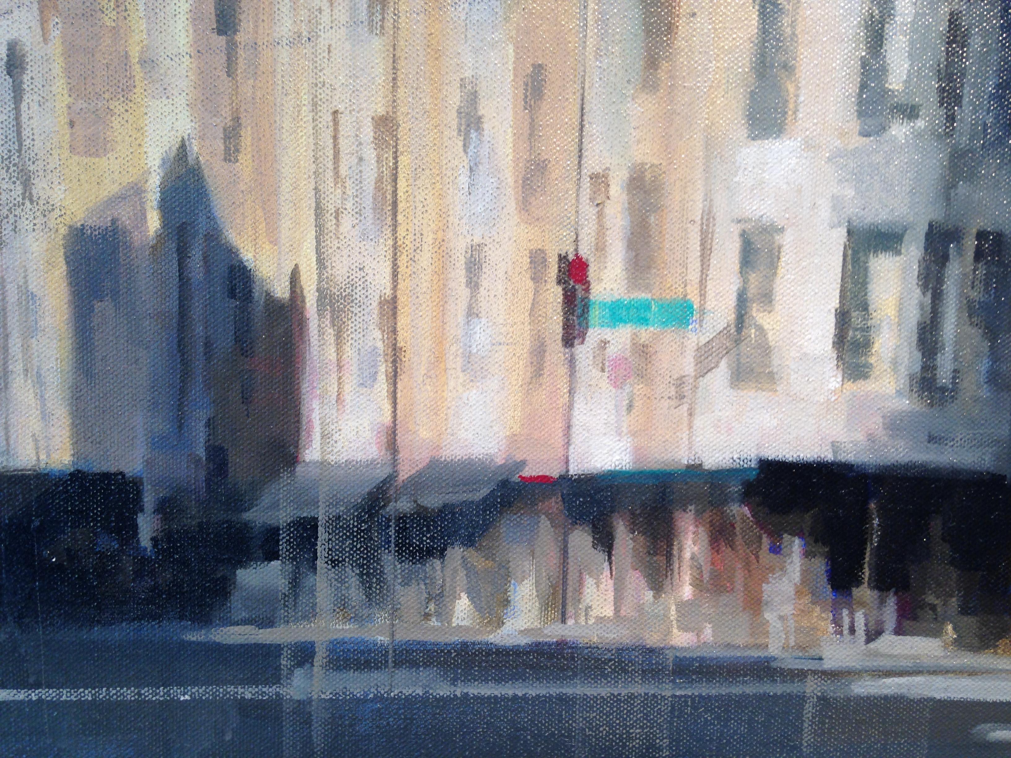 North Beach, Art Deco cityscape of San Francisco, oil on canvas, framed - Gray Landscape Painting by Carole Rafferty