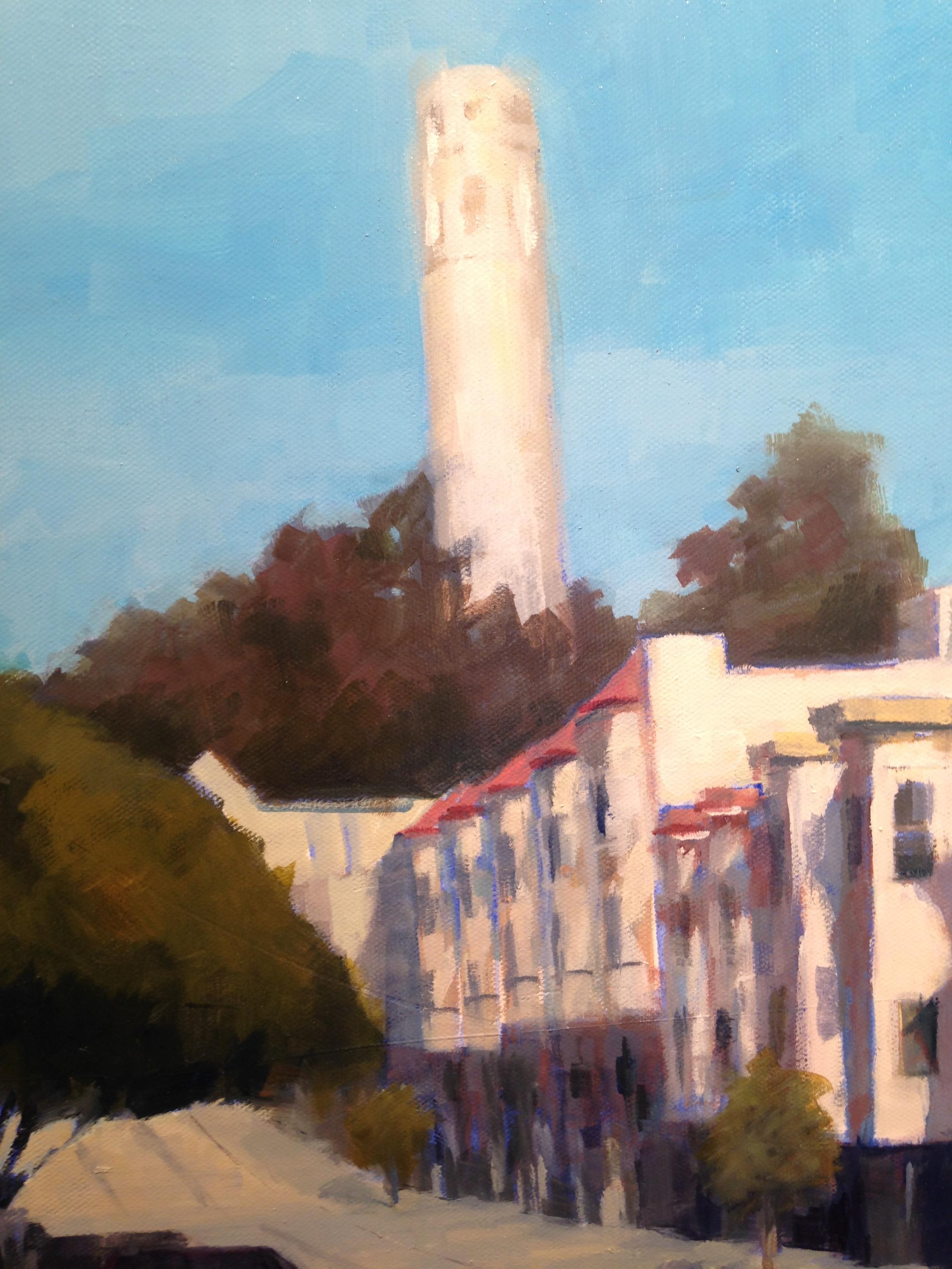Coit Tower II, Art Deco cityscape of San Francisco, oil on canvas, framed - Blue Landscape Painting by Carole Rafferty