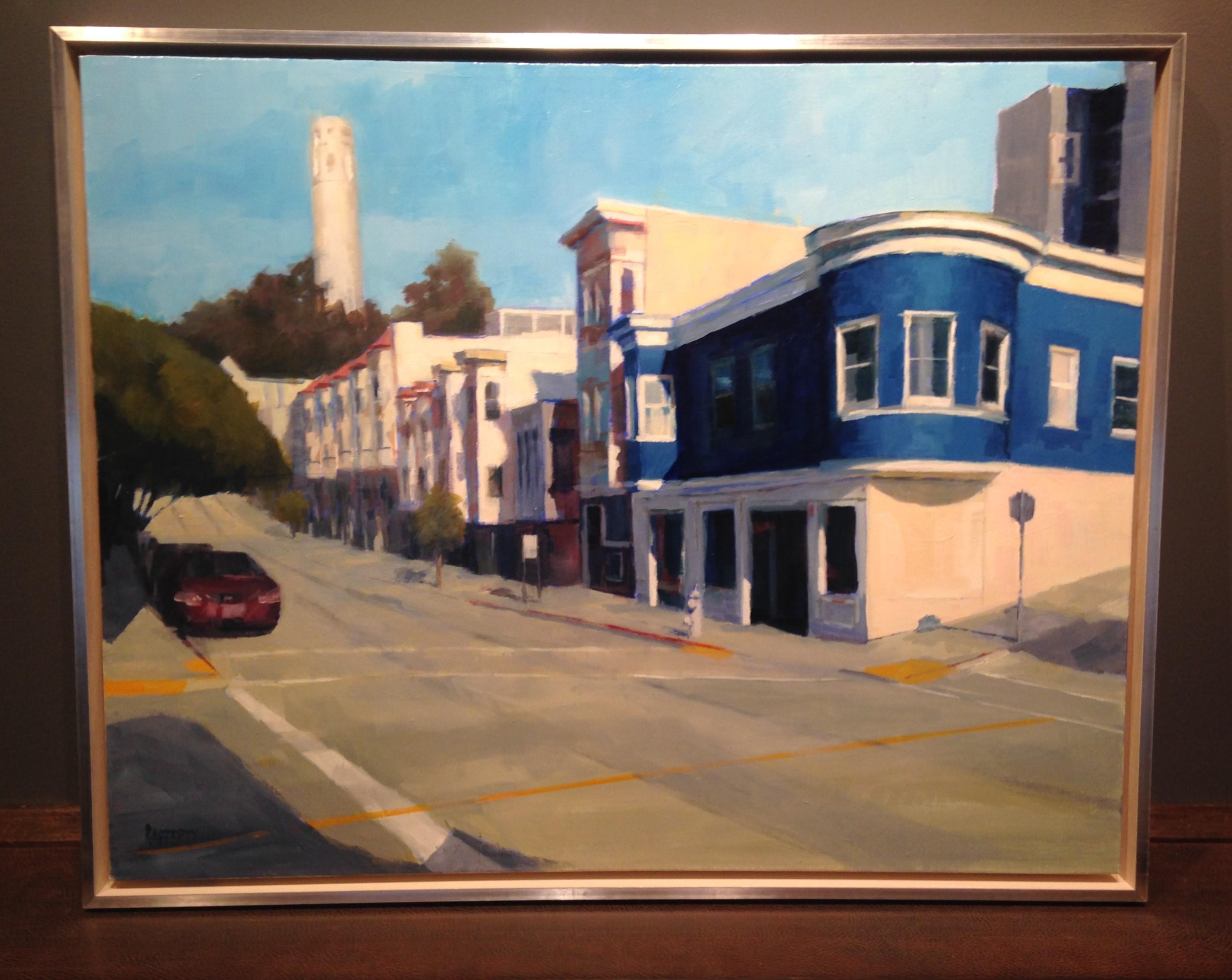 Coit Tower II, Art Deco cityscape of San Francisco, oil on canvas, framed - Painting by Carole Rafferty