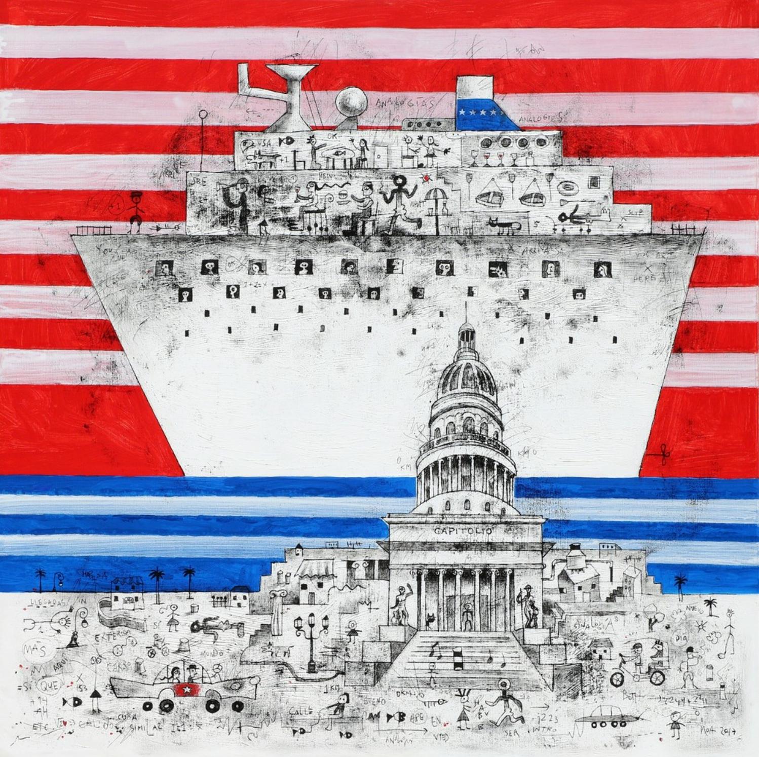 Analogias is an historically important painting by Cuban artist Luis Rodriguez Noa.  Created in 2017 to commemorate the opening of relations between the US and Cuba as symbolized by the cruise ship, the intermingling of the two nations flags, and