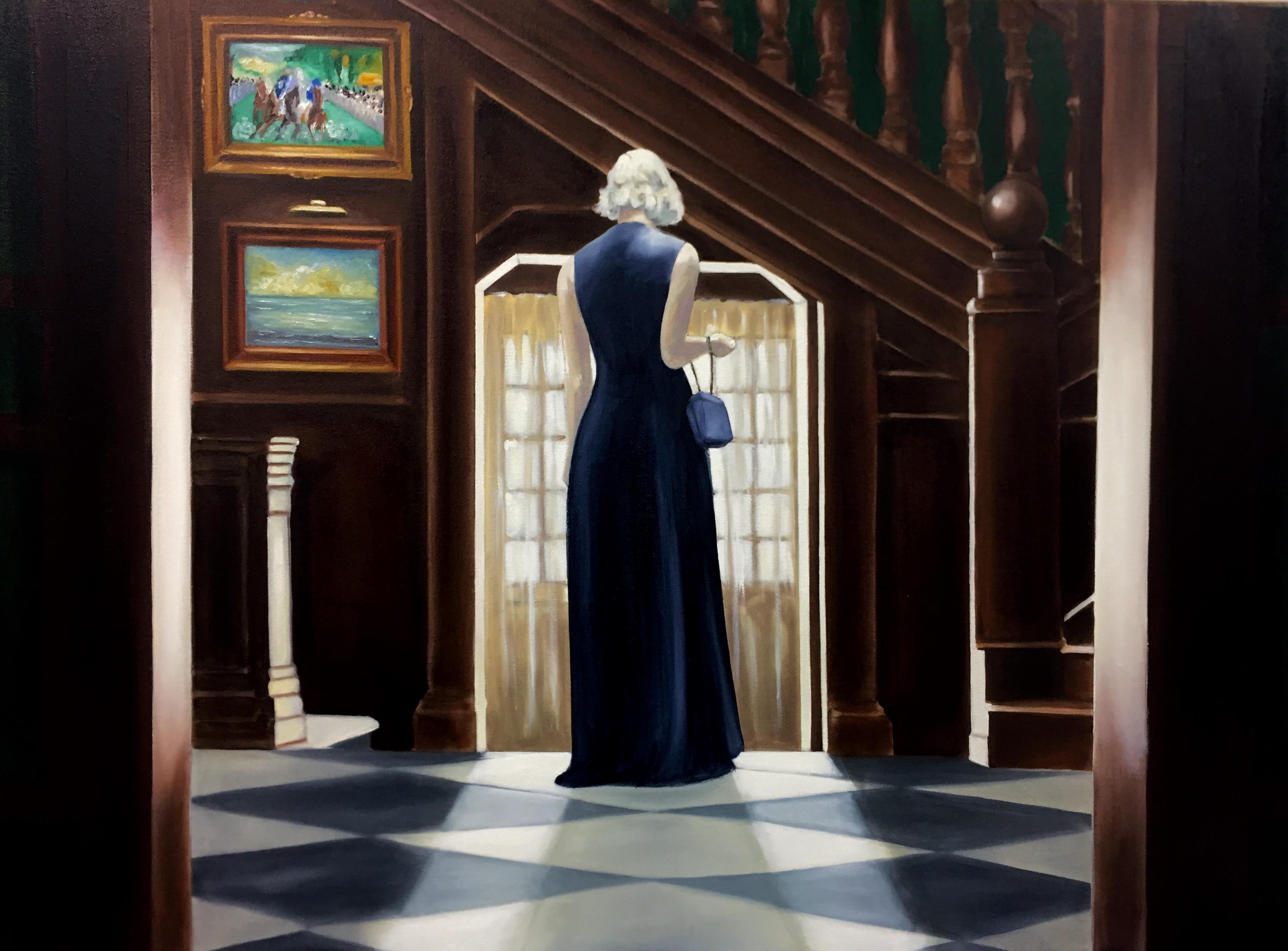 "Marble Cliff Memories" is an oil painting on canvas by the Cuban realist Andres Conde. The artist depicts a solitary figure contemplating the light of a world she is about to enter/exit. The title of the painting is a memory of a hime during a trip