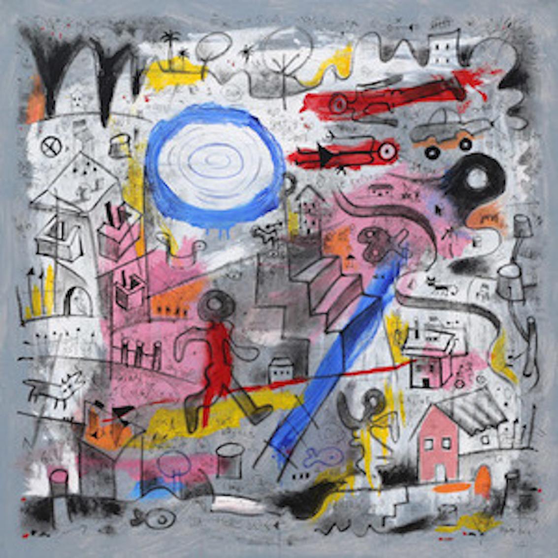 Cuban artist Luis Rodriguez Noa created this work, "Extasis", in a muted color palette. The painting incorporates several mediums: oil stick, acrylic and printers ink on canvas. 
Noa is a complex story teller, a genius who painstakingly reconstructs