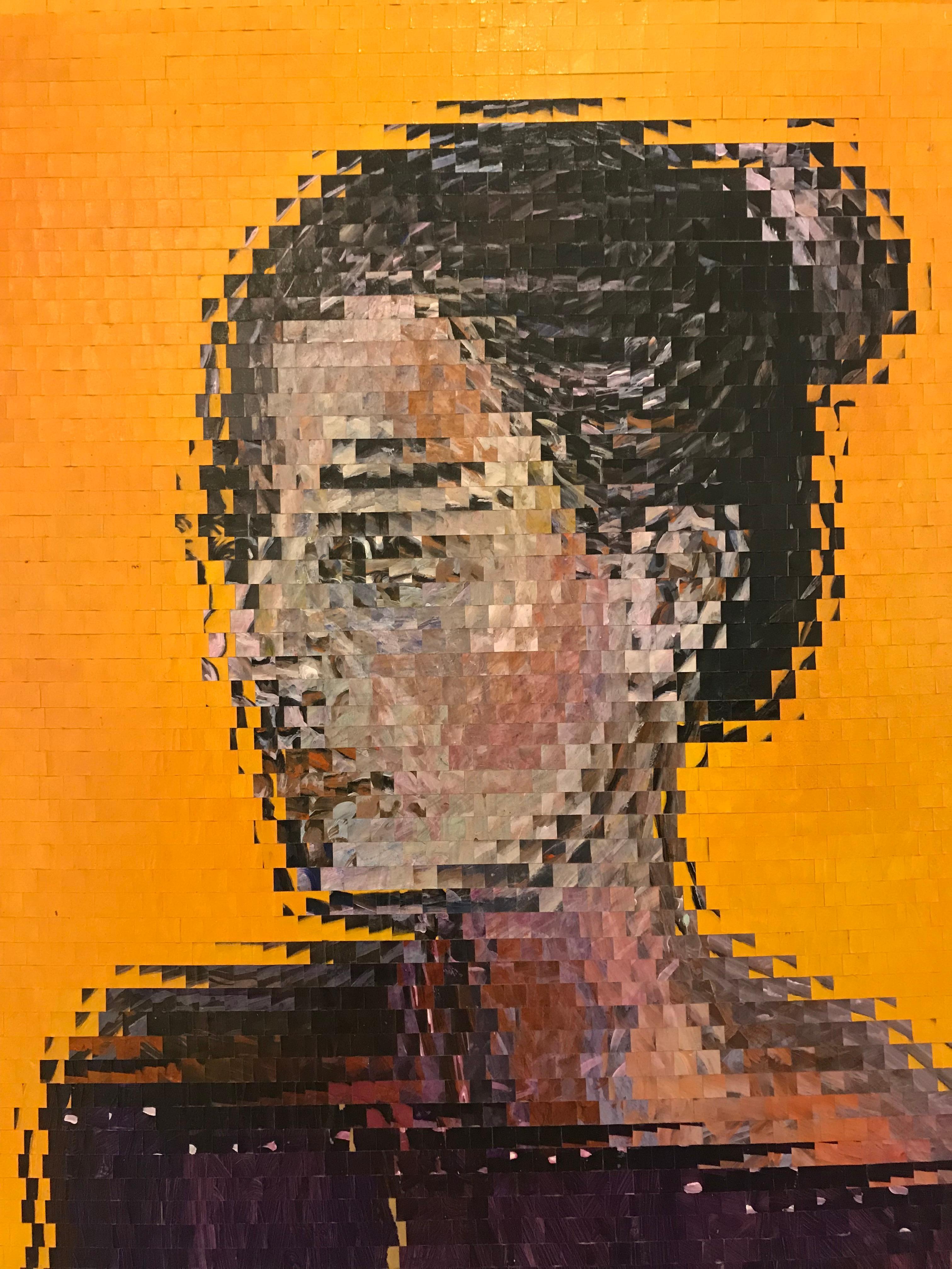 Cuban artist Raiman Rodriguez Moya has taken a blade to this portrait he painted in acrylic and created a forced pixelation of the subject by rearranging the canvas strips.