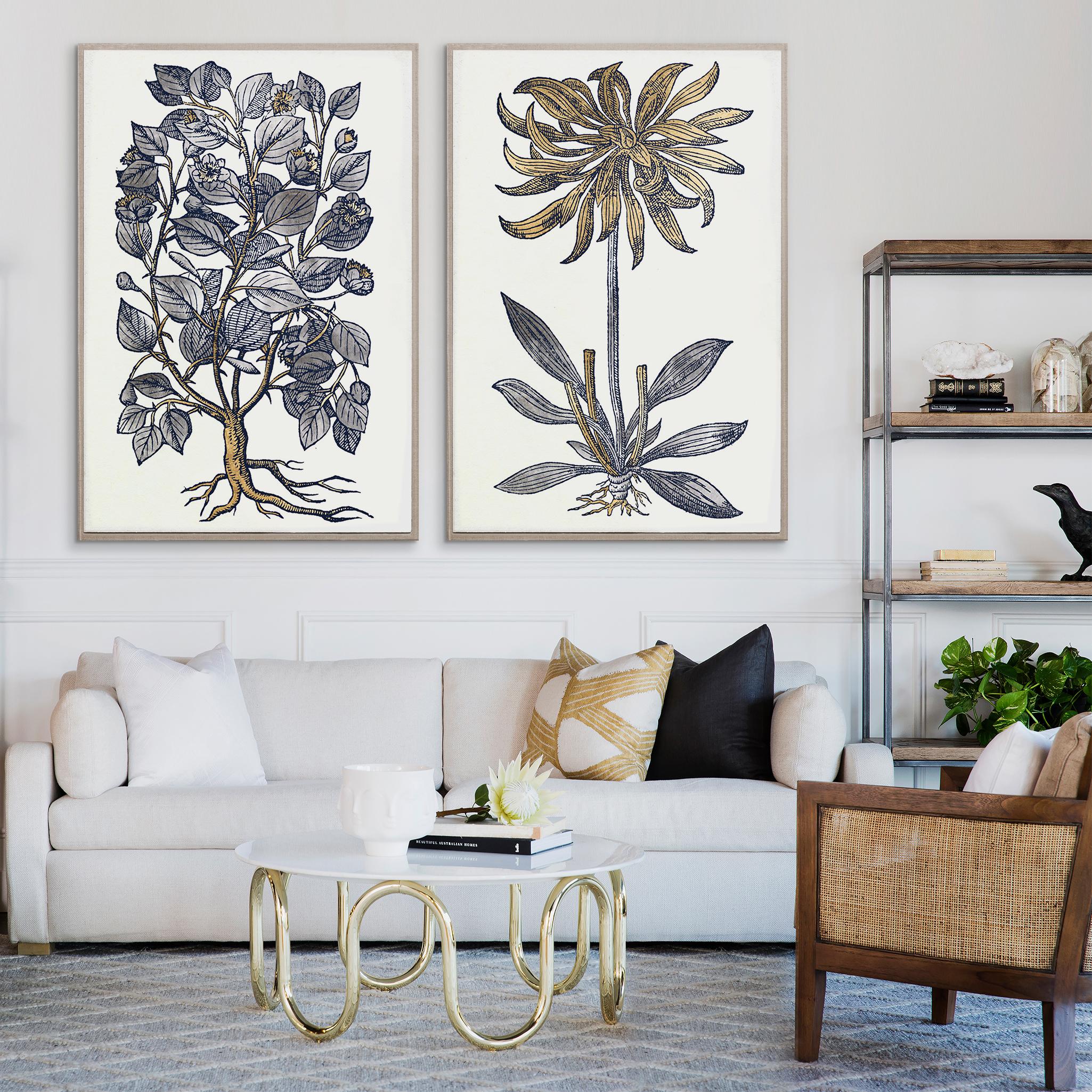 This image, inspired by 18th century botanical prints, is a deeply layered illustration with a dynamic, modern feel. Each image in this series is hand-leafed in gold and silver, then silkscreened with a dark blue ink. This unique process is the
