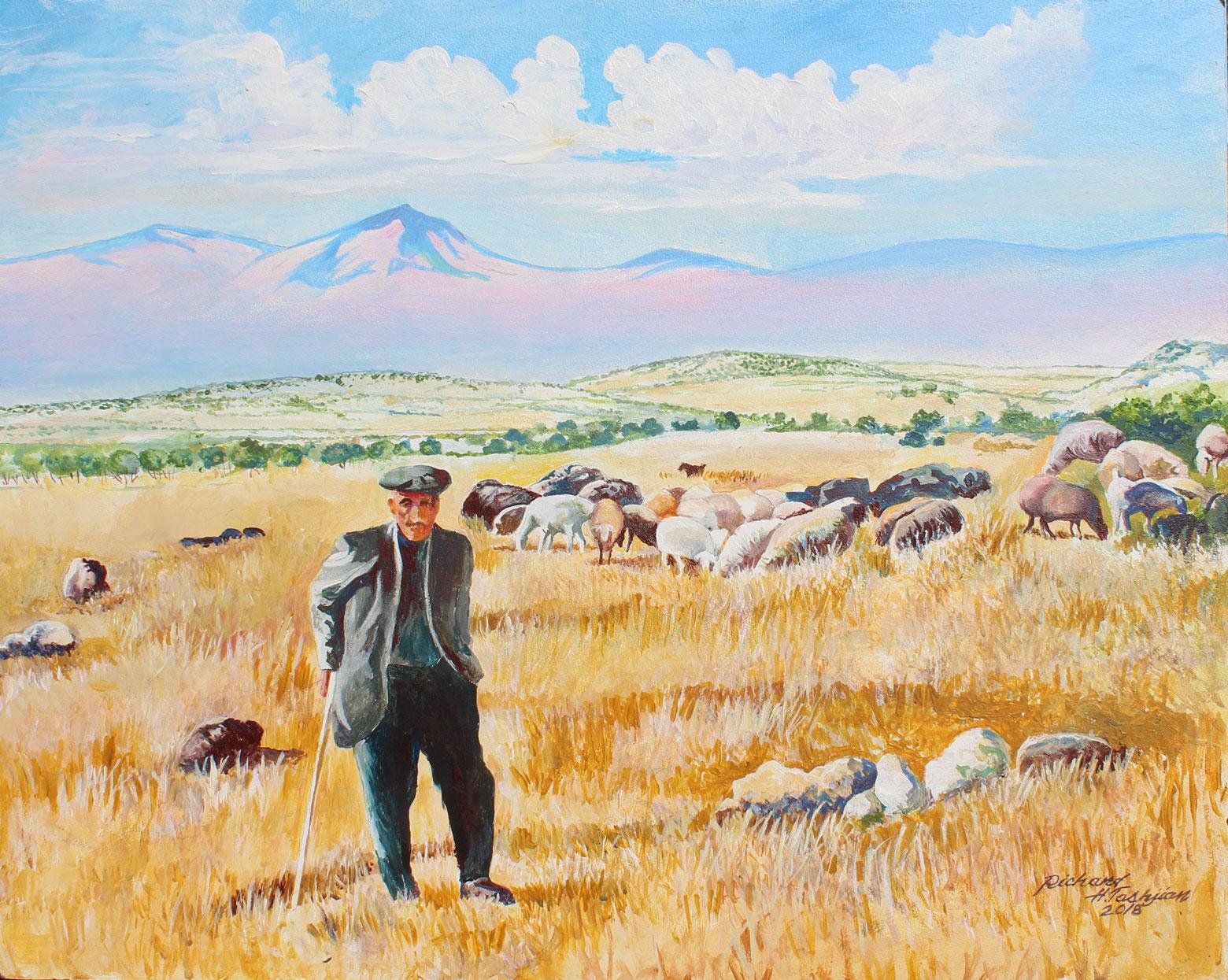 Richard H. Tashjian  Landscape Painting - Kevork the sheepherder of the Aracaz Mts. Armenia 