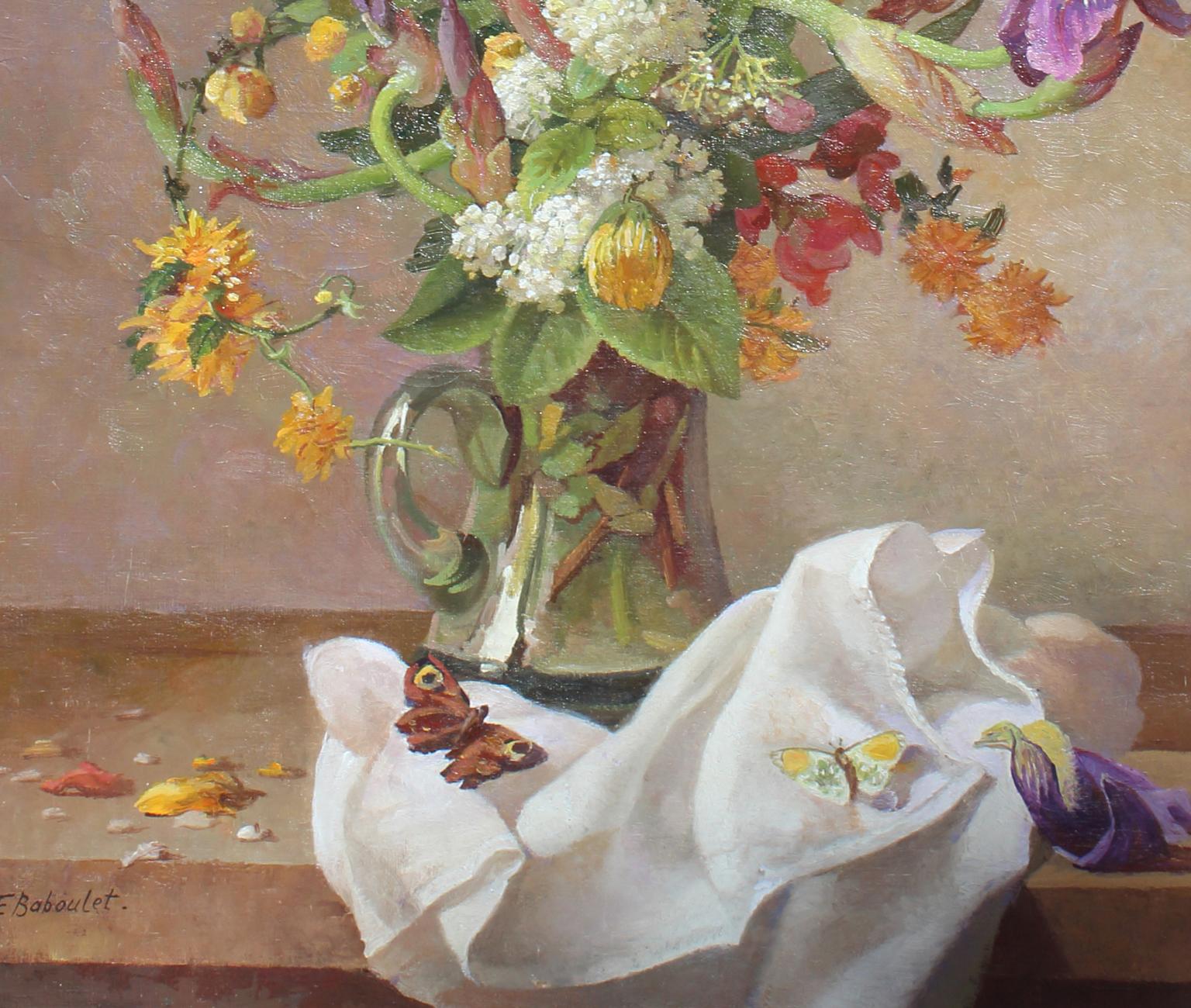 Bouquet of flowers with butterflies; - Brown Still-Life Painting by François Baboulet