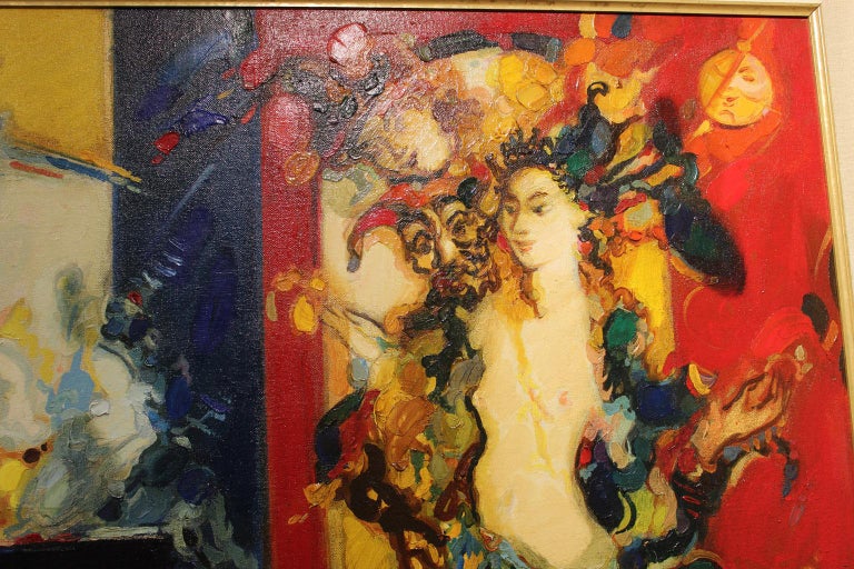 The painting sizes are 26x32 in. with framed sizes are 36x42 inches. 
The composition from Mysterious Theater series, Robert Elibekian specialized in the theatrical figures and artists. His paintings were admired for their richness of color and